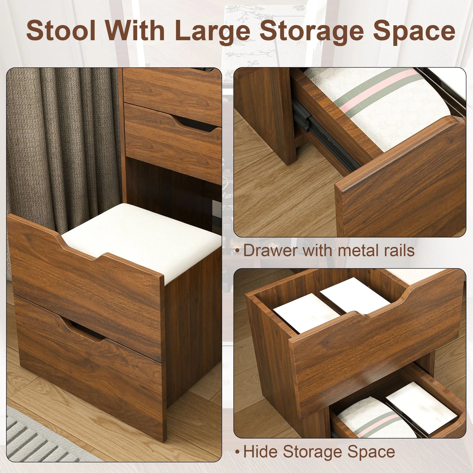 3-in-1 Vanity Desk with Lighted Mirror & Stool, Flip Top Makeup Dressing Table in Walnut Finish, Compact Storage for Bedroom, Bathroom, or Dressing – view 9