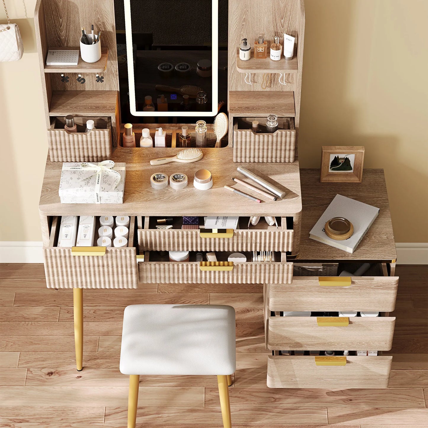 7-Drawer Vanity Desk with LED Mirror & Carved Details, Fluted Makeup Table with Metal Legs and PU Stool, Carved Dressing Table with Jewelry Storage – view 9