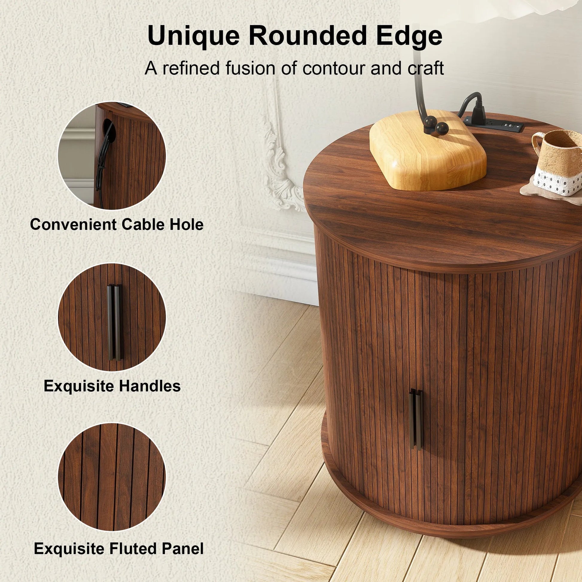 Mid Century Modern Cylinder End Table with Built-in Charging Station & Sliding Door, 2-Tier Storage Round Nightstand with USB Ports, Walnut Bedside – view 9