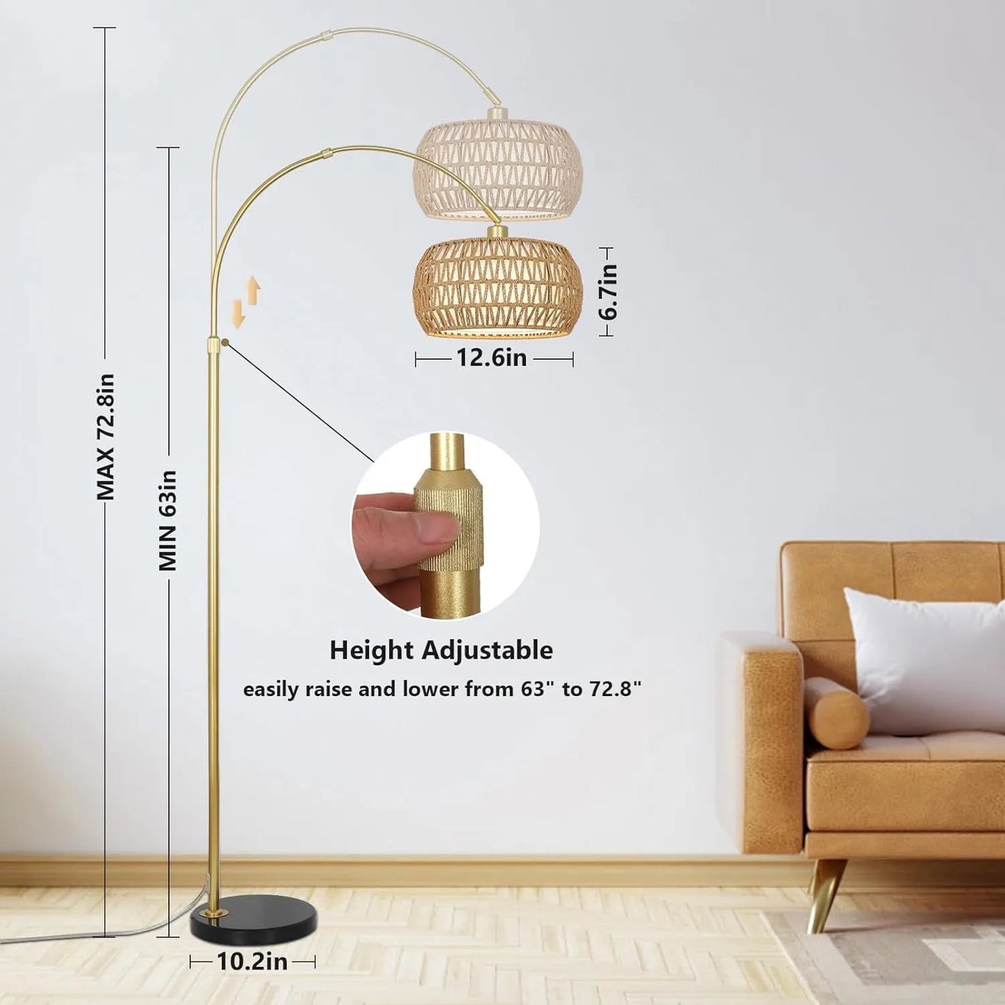 Gold Floor Lamps for Living Room, Arc Floor Lamp with Remote & Dimmable Bulb, Boho Rattan Standing lamp with 3 Color Temperatures, Height Adjustable – view 9