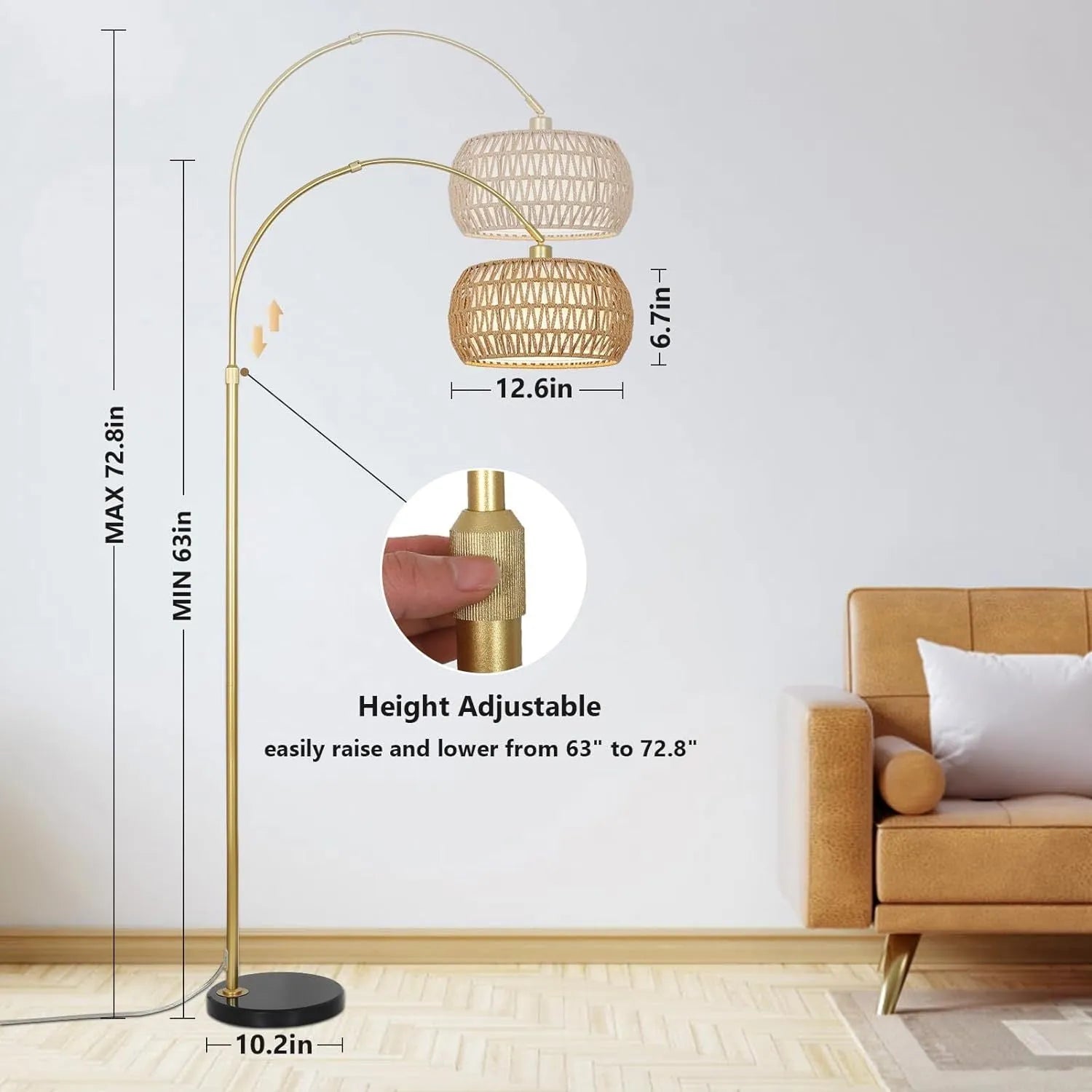 Gold Floor Lamps for Living Room, Arc Floor Lamp with Remote & Dimmable Bulb, Boho Rattan Standing lamp with 3 Color Temperatures, Height Adjustable – view 9