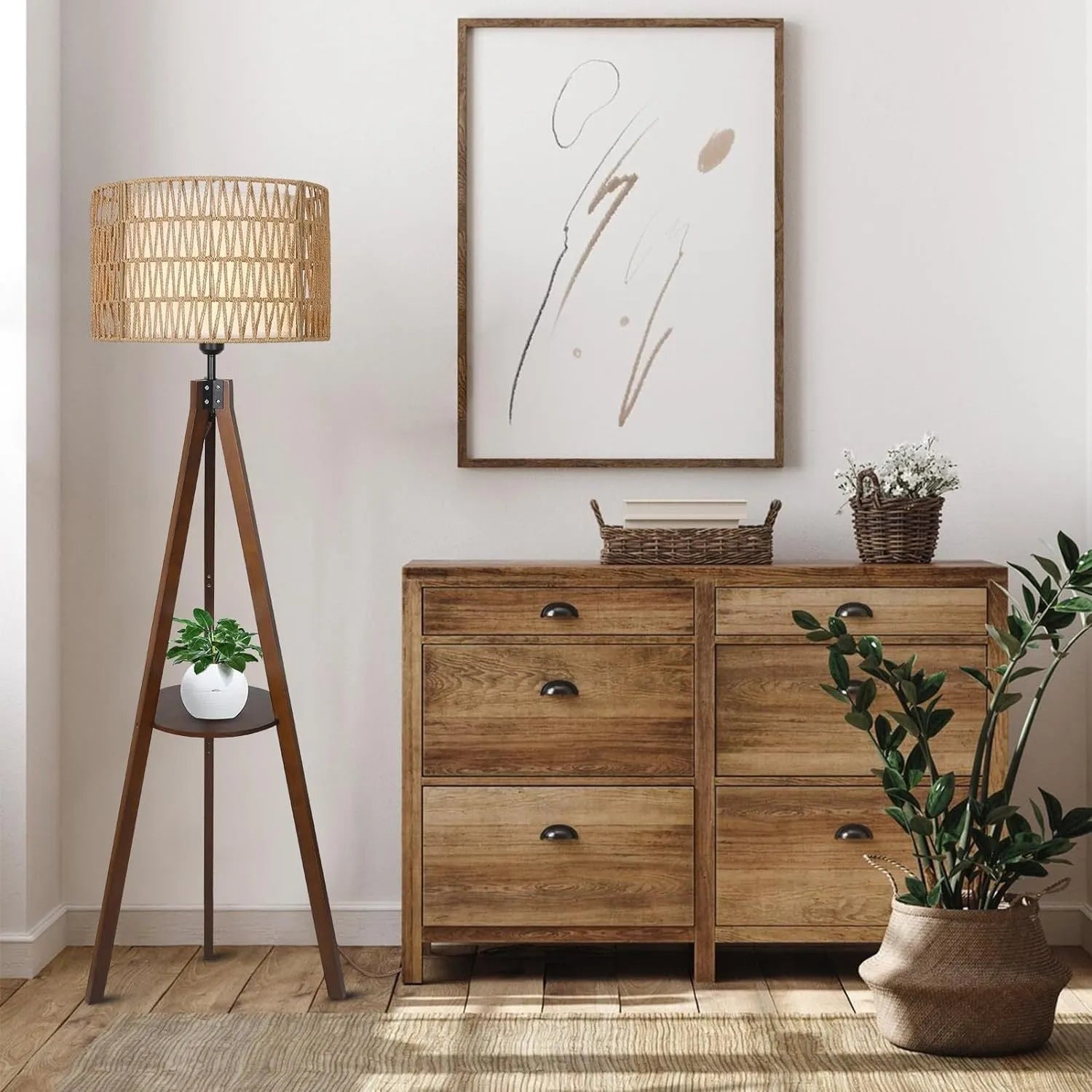 Boho Tripod Floor Lamp with Shelves, Mid Century Wood Standing Lamp with Rattan & Fabric Shades, ON/Off Foot Switch, Modern Farmhouse Tall Floor – view 9