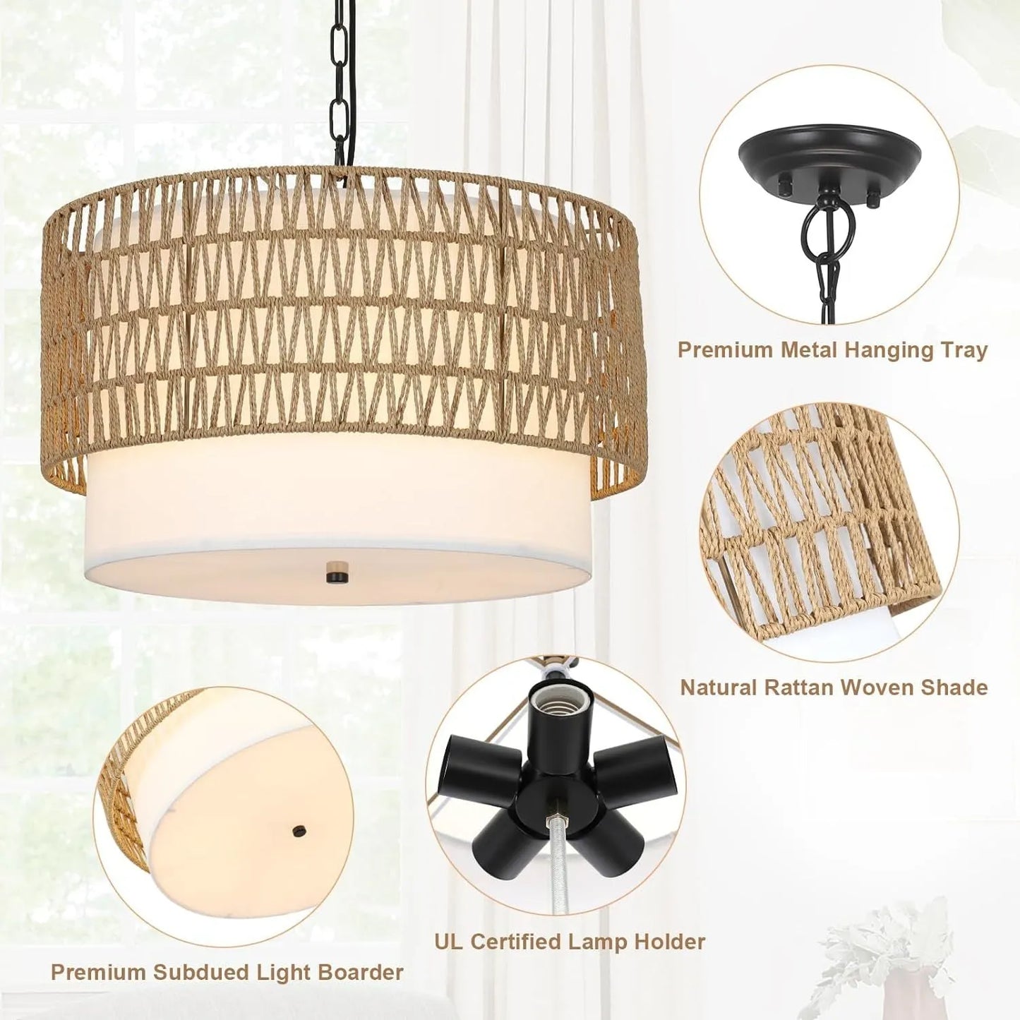 Farmhouse Chandeliers for Dining Room,5-Light Rattan Boho Chandelier Light Fixture with Fabric Shade,Hand Woven Large Rattan Dining Room Light – view 9