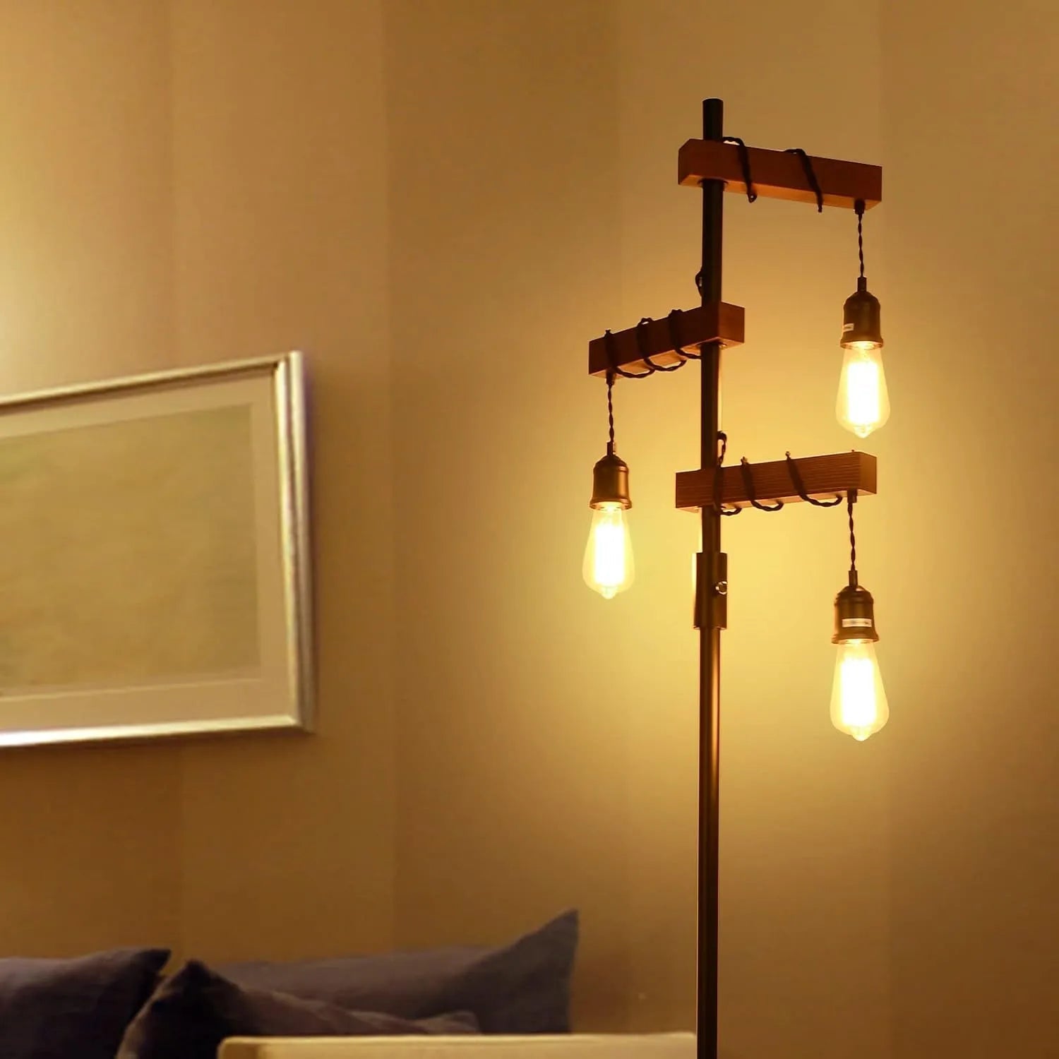 Dimmable Industrial Floor Lamp, Farmhouse Tree Floor Lamp, 68 Inch 3 Lights Wood Standing Lamp, Sturdy Base Tall Vintage Pole Light, Metal Black – view 9