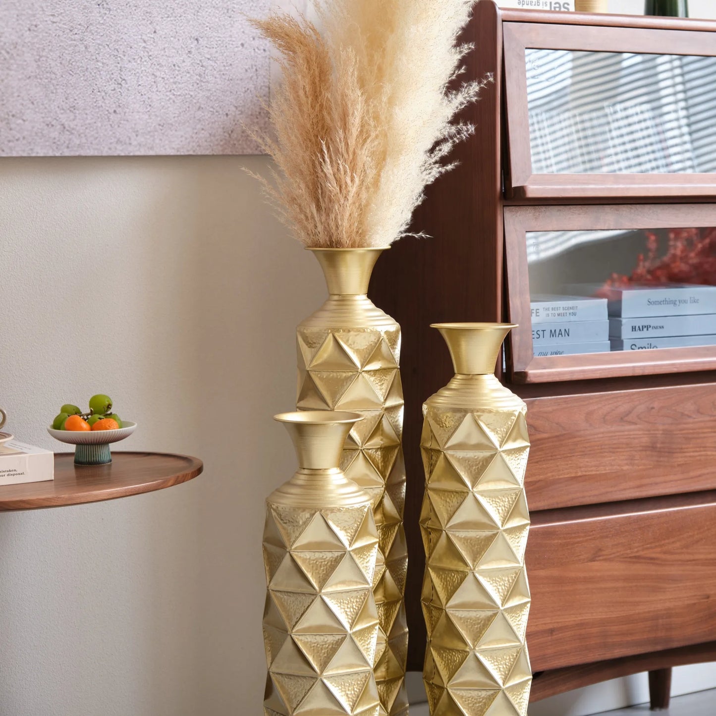 Metal Decorative Vase High Distress Metal Center Vase With 3D Triangle Pattern, Set Of 3 Vases for Home Decoration 33.5', 29.5', 25.2'High, Gold – view 9