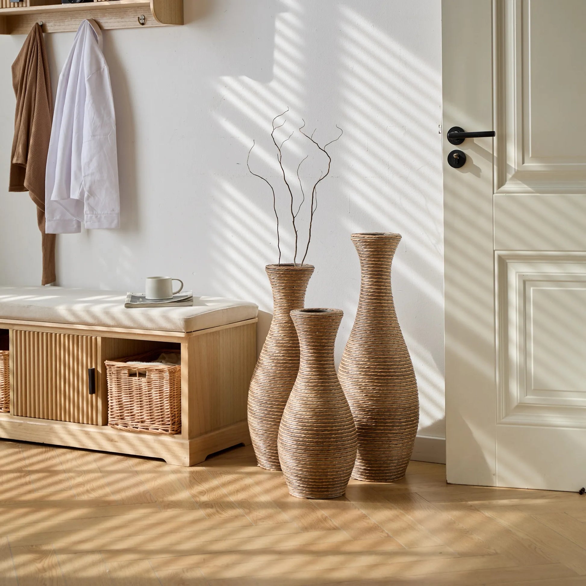 3-Piece Artificial Rattan Floor Vase Set – Decorative Accent for Living Room, Hallway & Entryway, Ideal for Dried or Silk Flower Arrangements, Beige – view 9