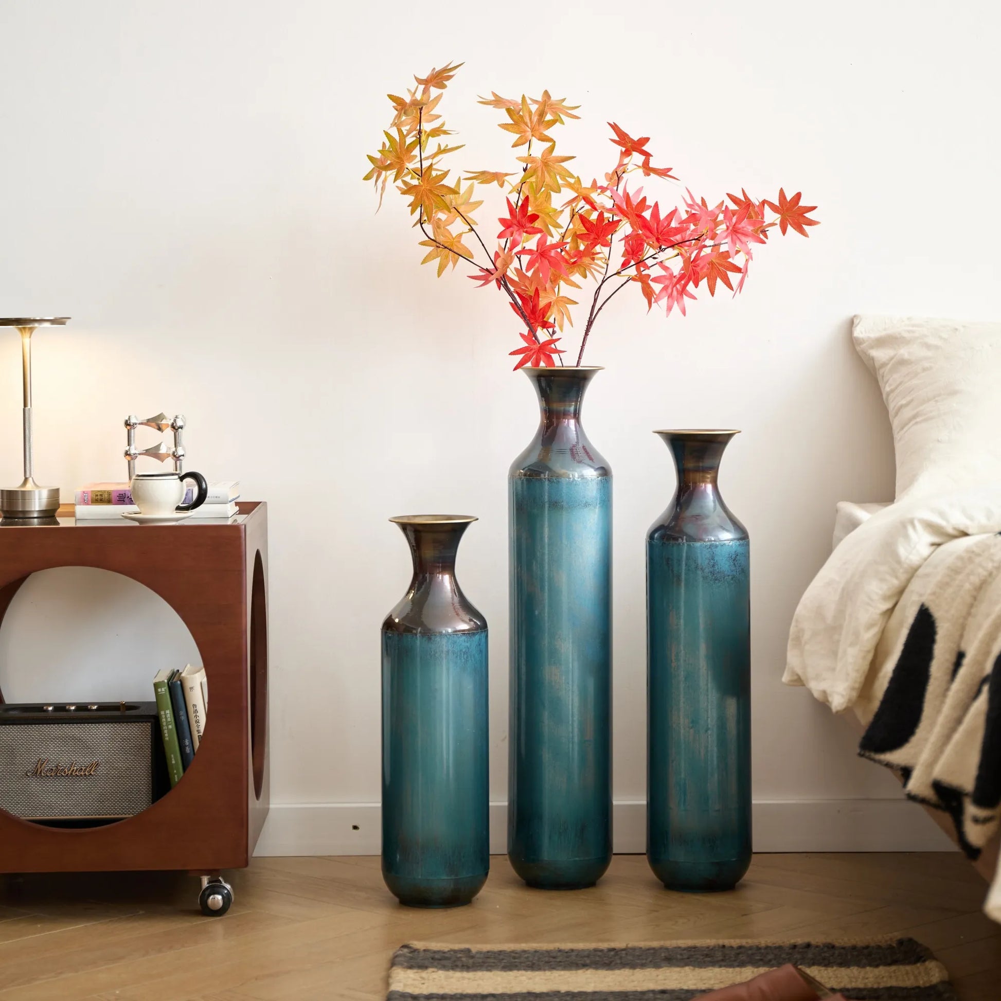 Modern Droplet-Shaped Floor Vase Set – Aqua Blue Glazed Metal Decorative Vases – 3-Piece Home Decor in 20.4 In, 24.4 In & 28.34 In Heights – view 9