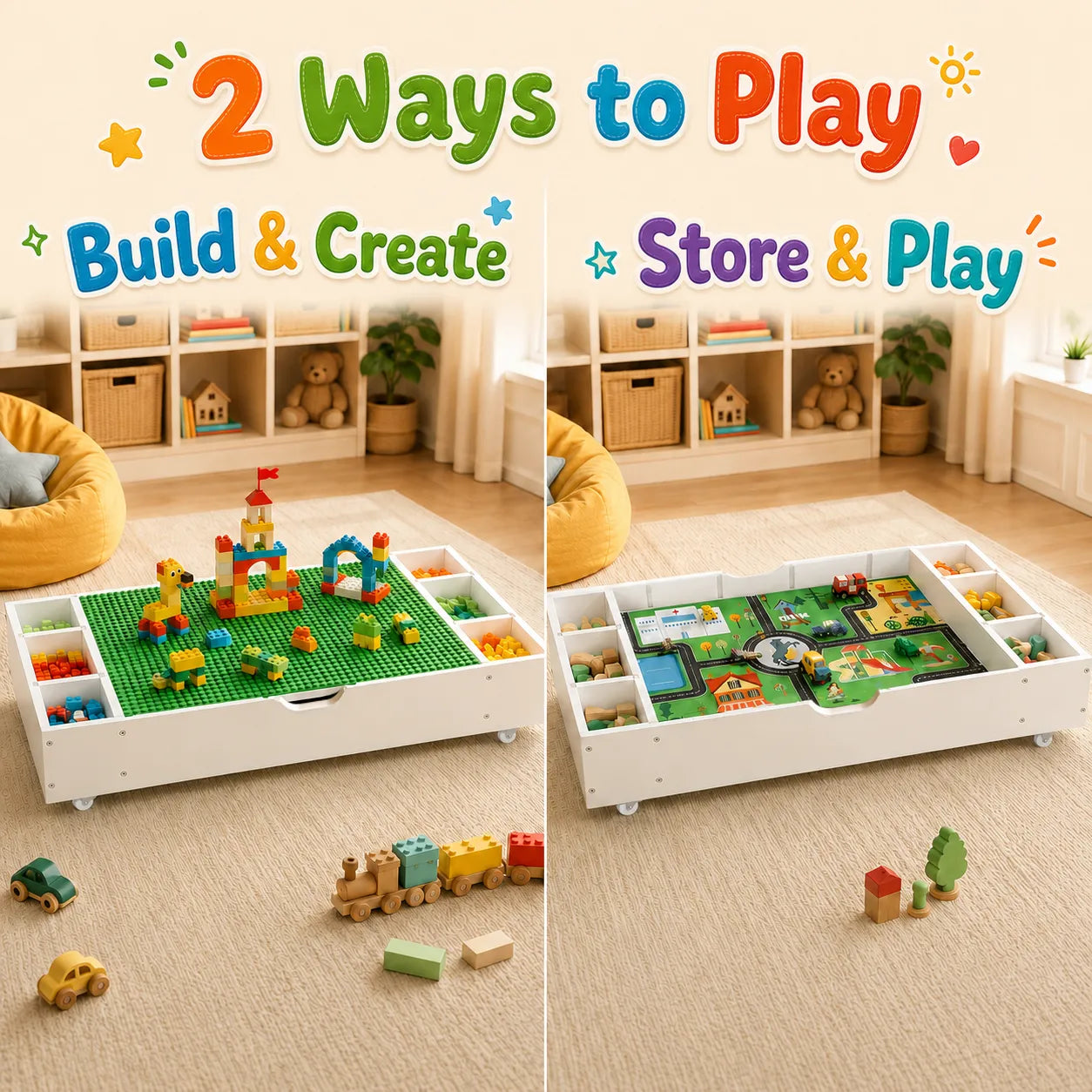 The 3 in 1 Reversible Kids Activity Table and Toy Organizer Compatible with Lego, Building Bricks & Whiteboard Play Table with City Road Map – view 9