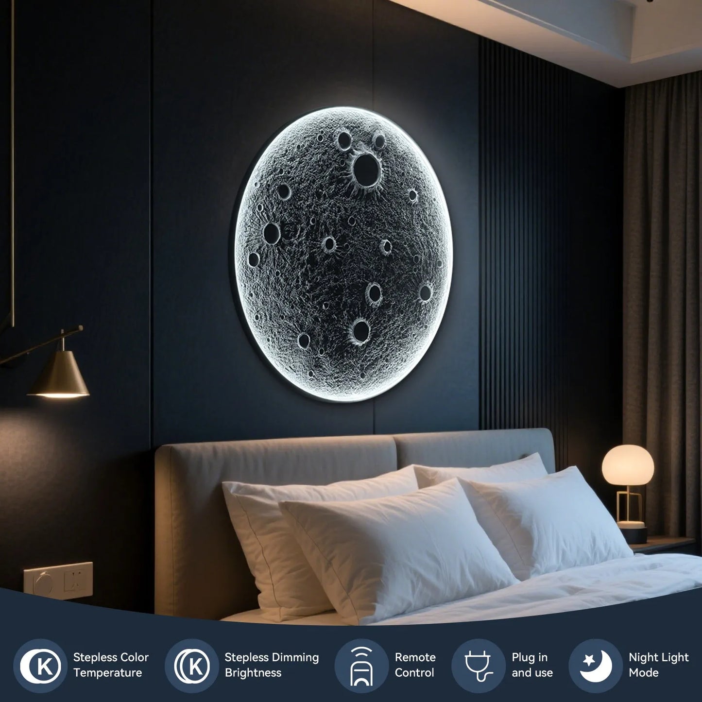 32-Inch Realistic Resin Moon Wall Light – Plug-In Dimmable LED Moon Sconce with Remote Control, 30 W Main & 10 W Night Light, Meteorite Crater – view 9
