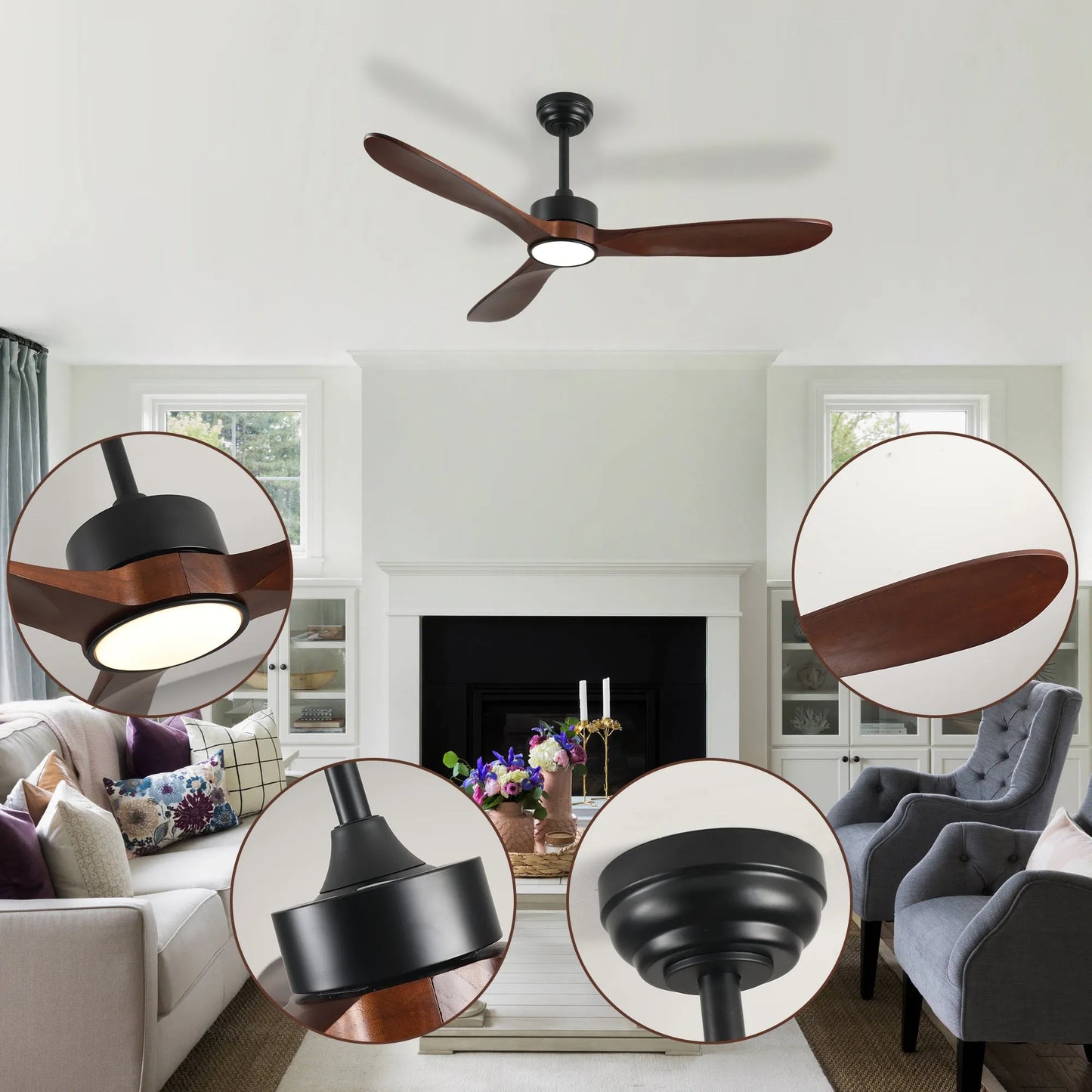 52 Inch Ceiling Fan with Light, 3 Solid Wood Blades,Remote Control,6-speed Reversible DC Motor for Living Room,Bed Room,Dining Room. – view 9