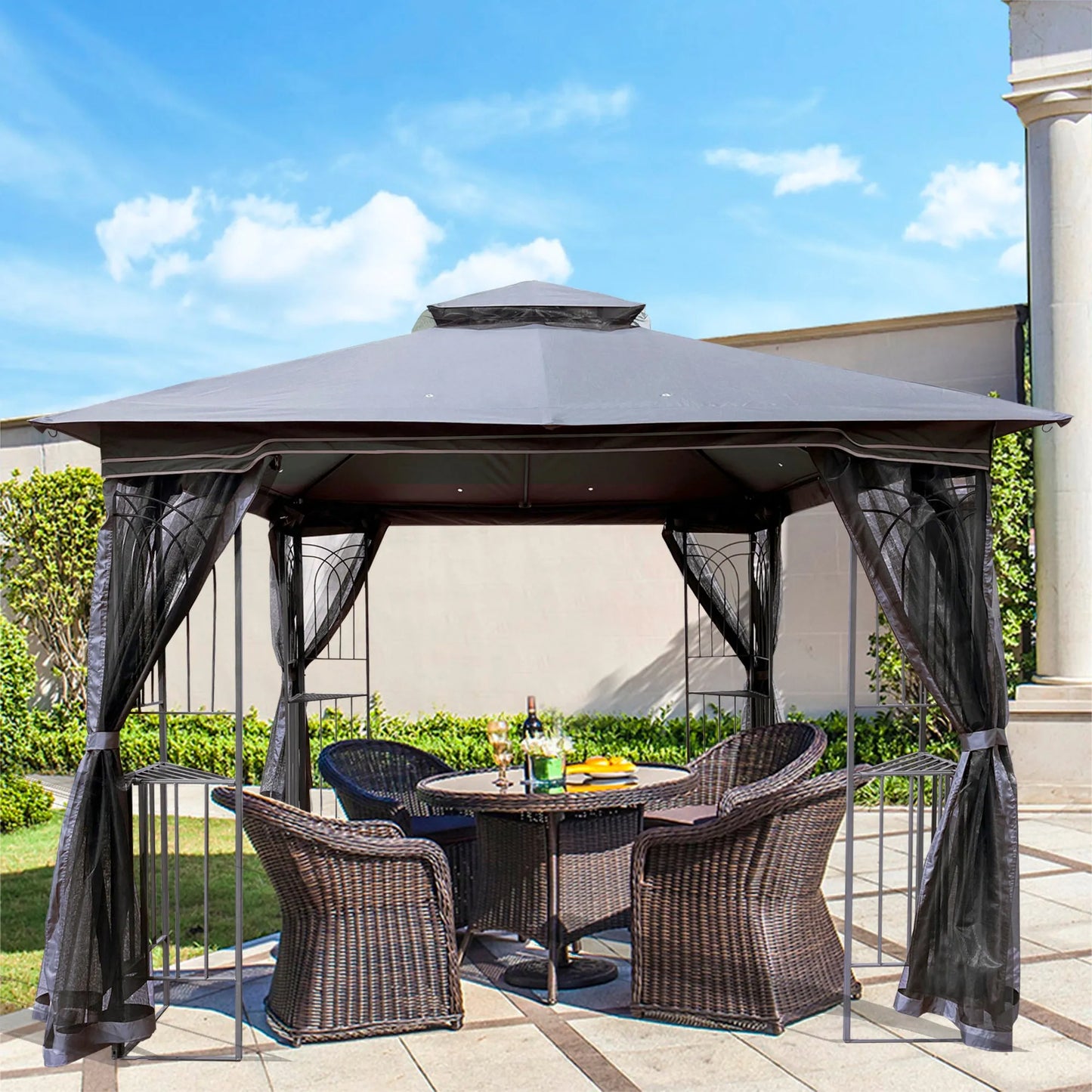 10 x 10 ft Patio Gazebo Tent with Ventilated Double Roof and Mosquito Net, Gray Canopy for Backyard or Garden – view 9