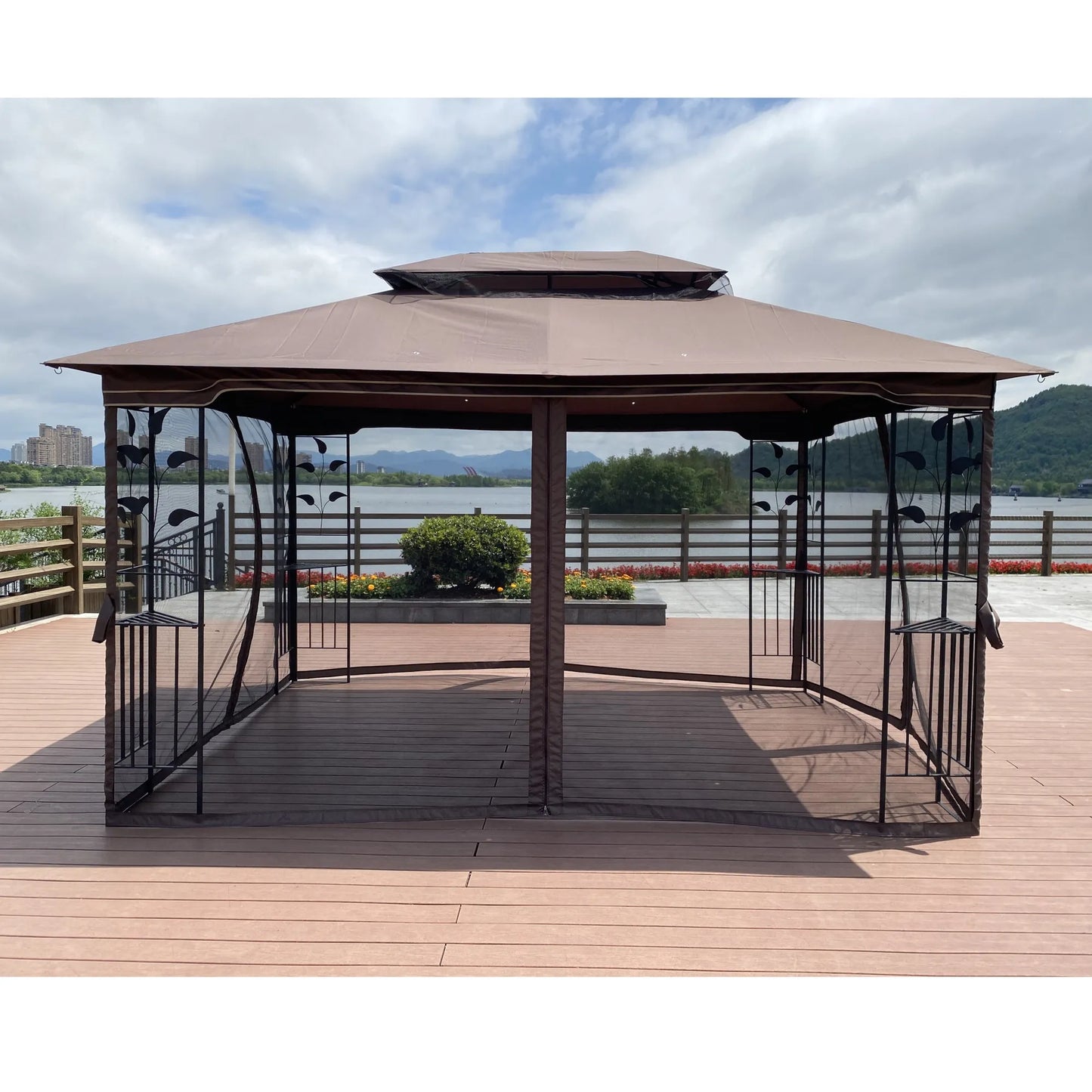 13 x 10 ft Patio Gazebo Tent with Ventilated Double Roof and Mosquito Net, Brown Canopy for Backyard or Garden – view 9