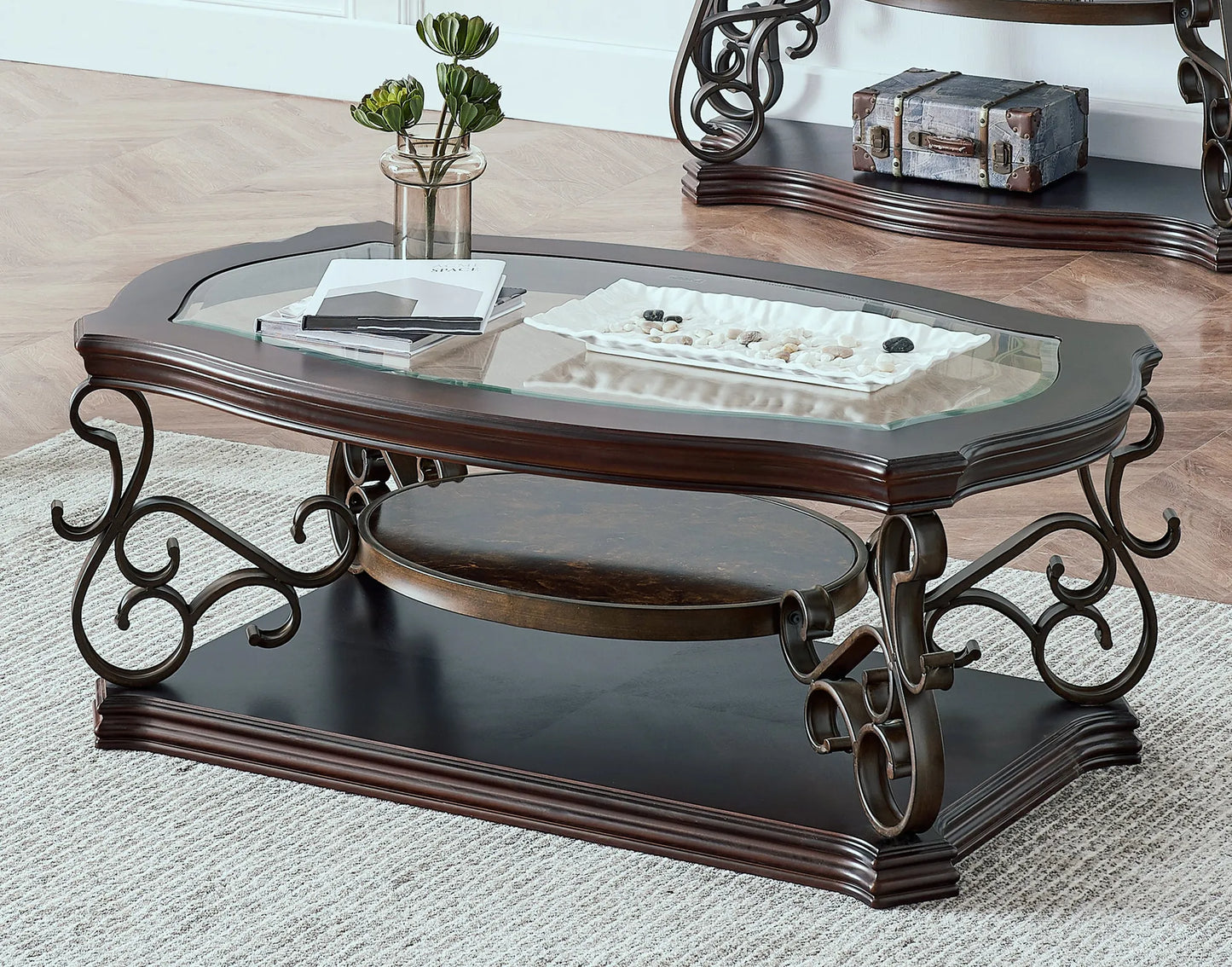 Cocktail Table, Glass table top, MDF W/marble paper middle shelf, powder coat finish metal legs. (52'Lx32'Wx20.3'H) – view 9