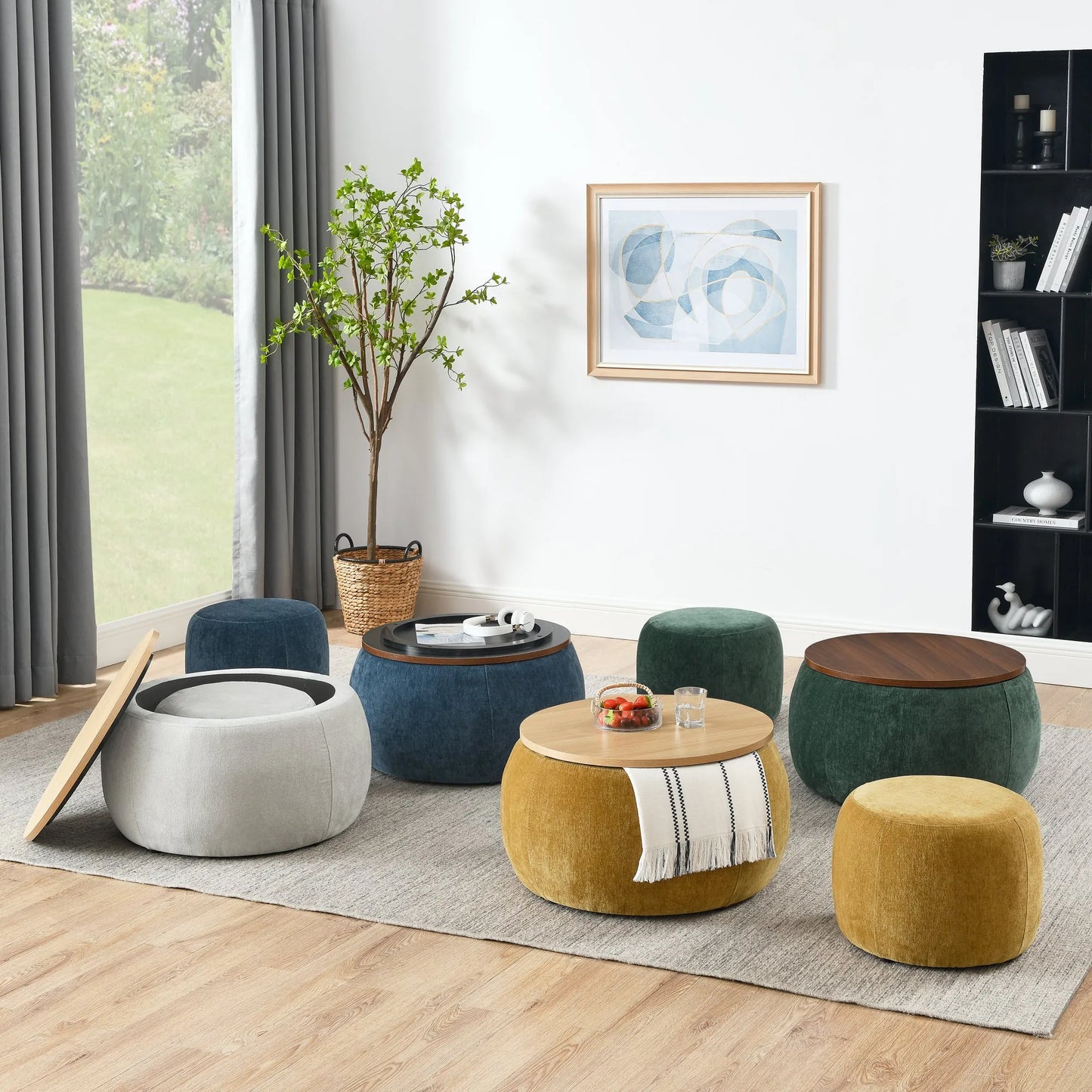 Dark Blue Round Storage Ottoman with 2 in 1 Function as End Table and Ottoman, Eucalyptus Wood and Foam, 25'x25'x14.7' – view 9