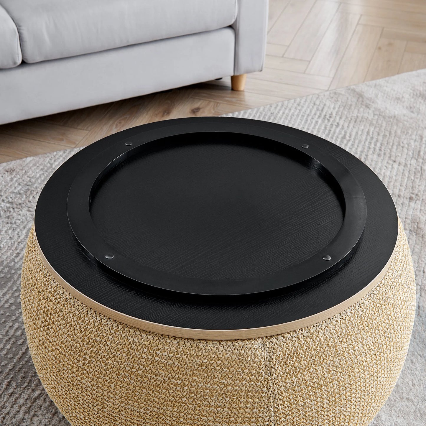 Woven Rattan Fabric Round Storage Ottoman with 2-in-1 Function as End Table and Ottoman, Dark Yellow, 25'x25'x14.7' – view 9