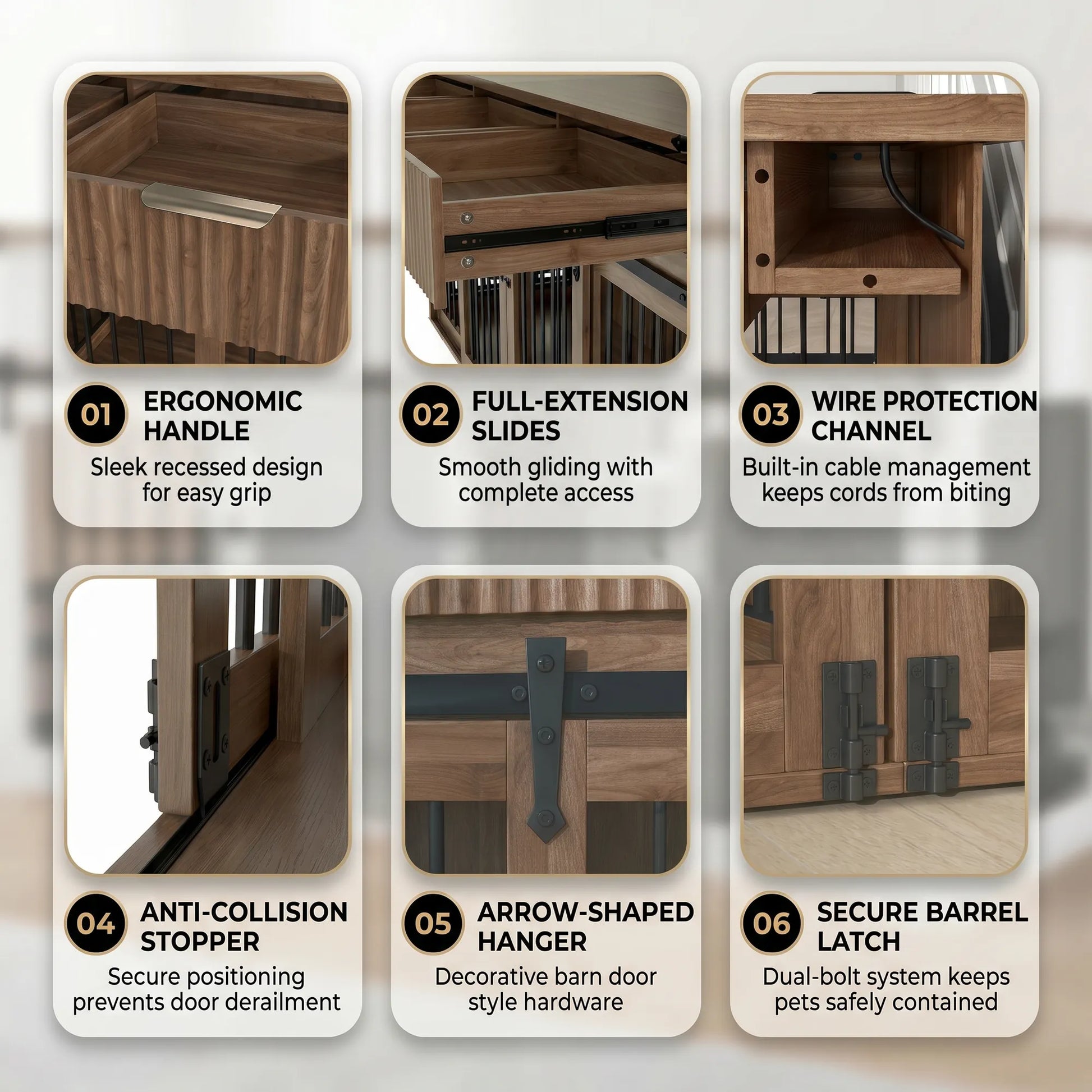 71'' Furniture Style Double Dog Crate with 3 Fluted Drawers and Waterproof Walnut Woodgrain Tabletop,Large Dog Kennel Furniture with Type-C Power – view 9