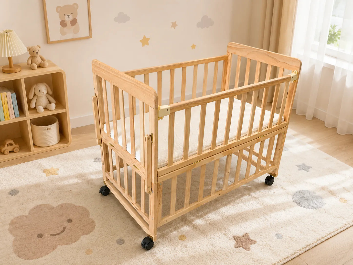 Solid Wood Baby Bassinets Wooden Bedside Bassinet Portable Extendable Mini Baby Crib 3 Adjustable Heights with Mattress for Newborns – view 9
