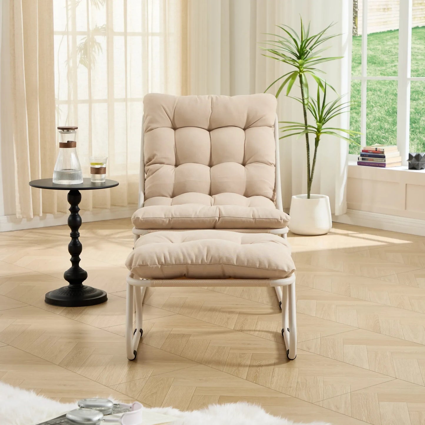 Patio Outdoor Lounge Chair with Ottoman, Comfy Sling Recliner Chair with Puffy Cushion and Foot Stool, Ideal for Living Room, Bedroom, Reading Room – view 9