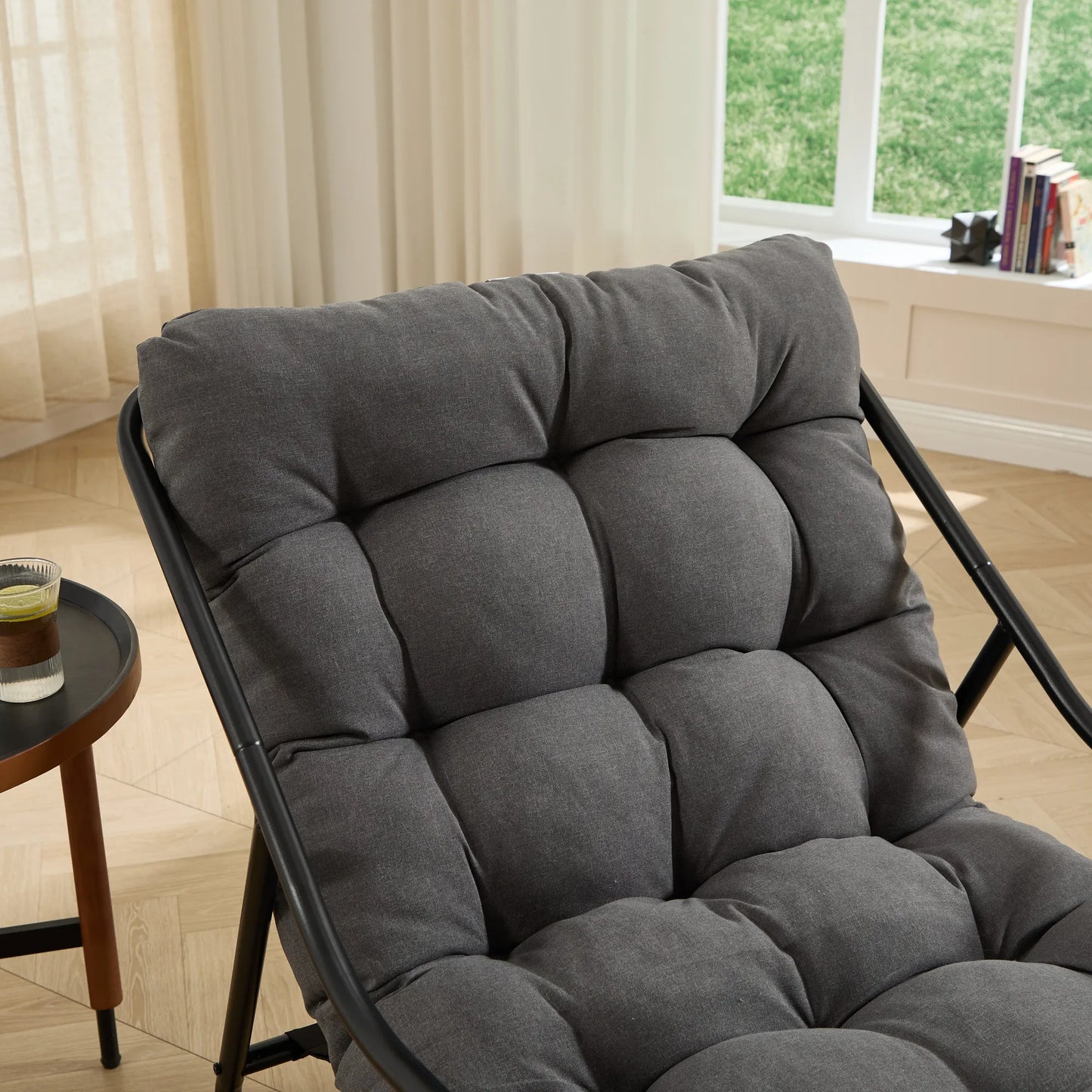 Outdoor Rocking Chair, Comfy Cushion, with Soft Thick Cushion,for Living Room, Bedroom, Reading Room, Black Frame with Grey Cushion – view 9