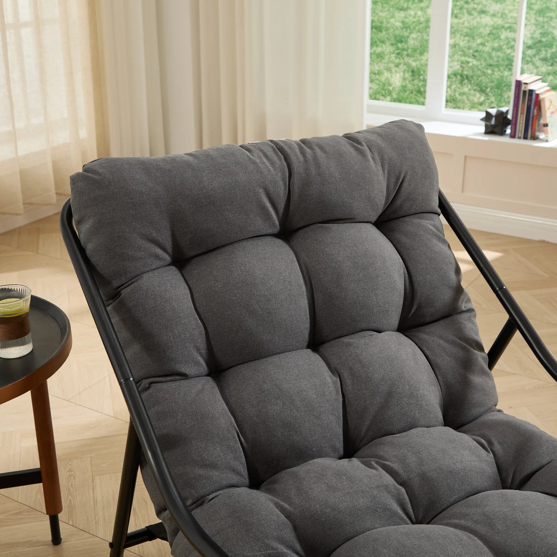 Outdoor Rocking Chair, Comfy Cushion, with Soft Thick Cushion,for Living Room, Bedroom, Reading Room, Black Frame with Grey Cushion – view 9