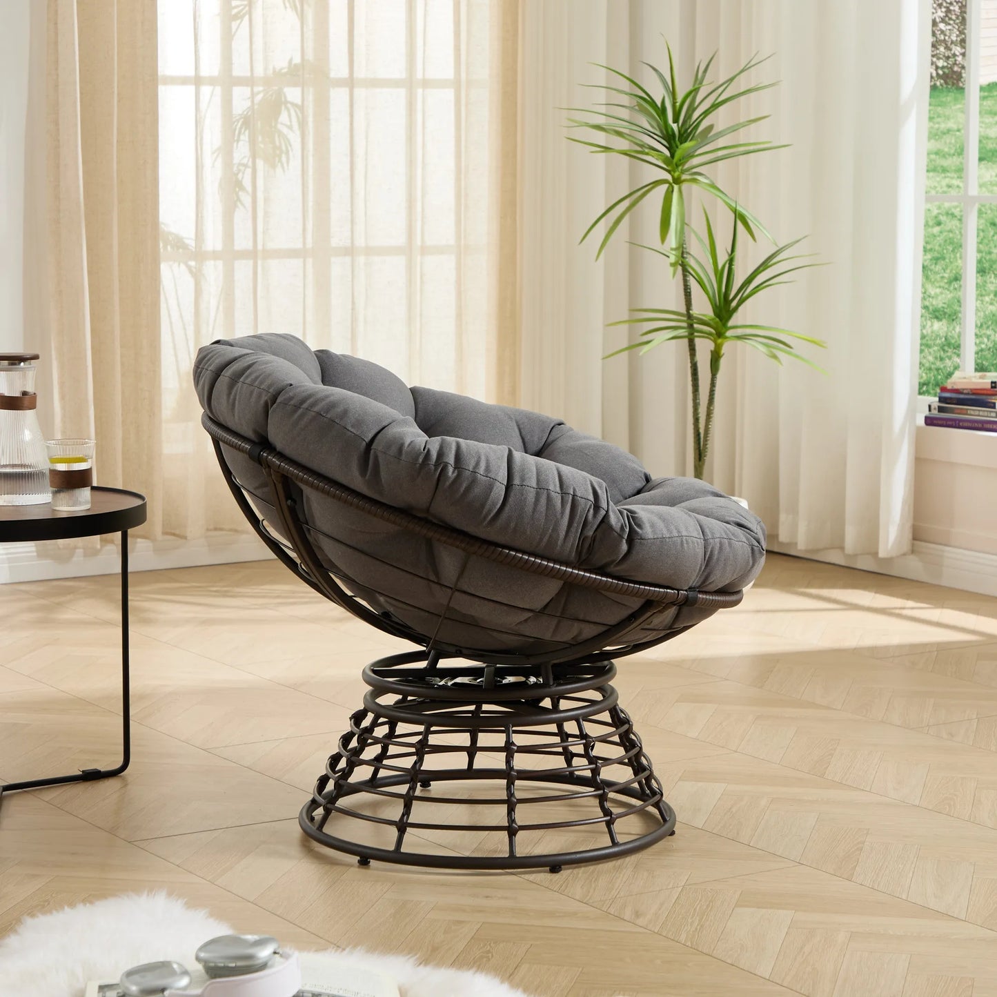 Comfortable Ergonomic Wicker Papasan Chair, 360° Swivel Indoor Outdoor Rattan Chair with Soft Thick Cushion, Ideal for Living Room, Bedroom, Reading – view 9