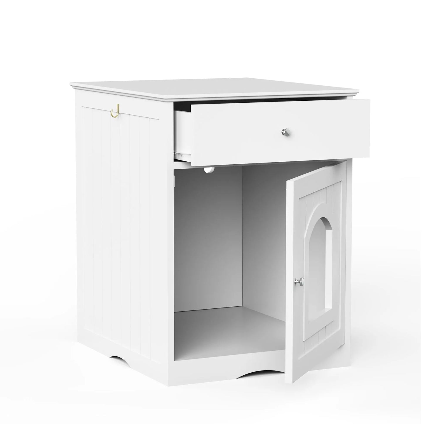 White Wooden Pet House Cat Litter Box Enclosure with Drawer and Side Table, Indoor Cat Home Nightstand for Small Cats, MDF Construction, 18.9'' W x – view 9