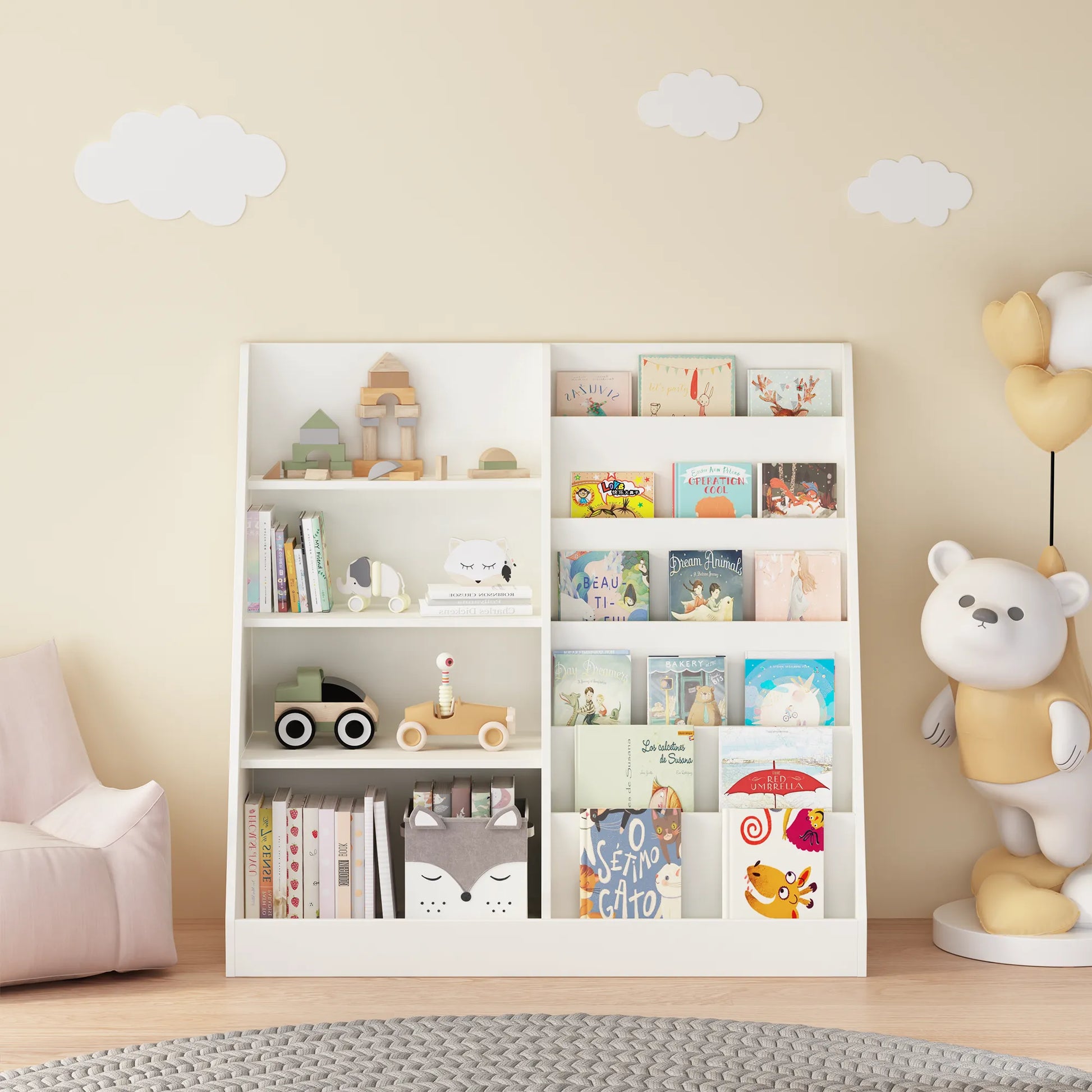 Kids Bookshelf and Toy Storage Organizer, Multifunctional 4-Tier White Wooden Bookcase with Toy Bin for Nursery, Playroom, or Kids Room – view 9