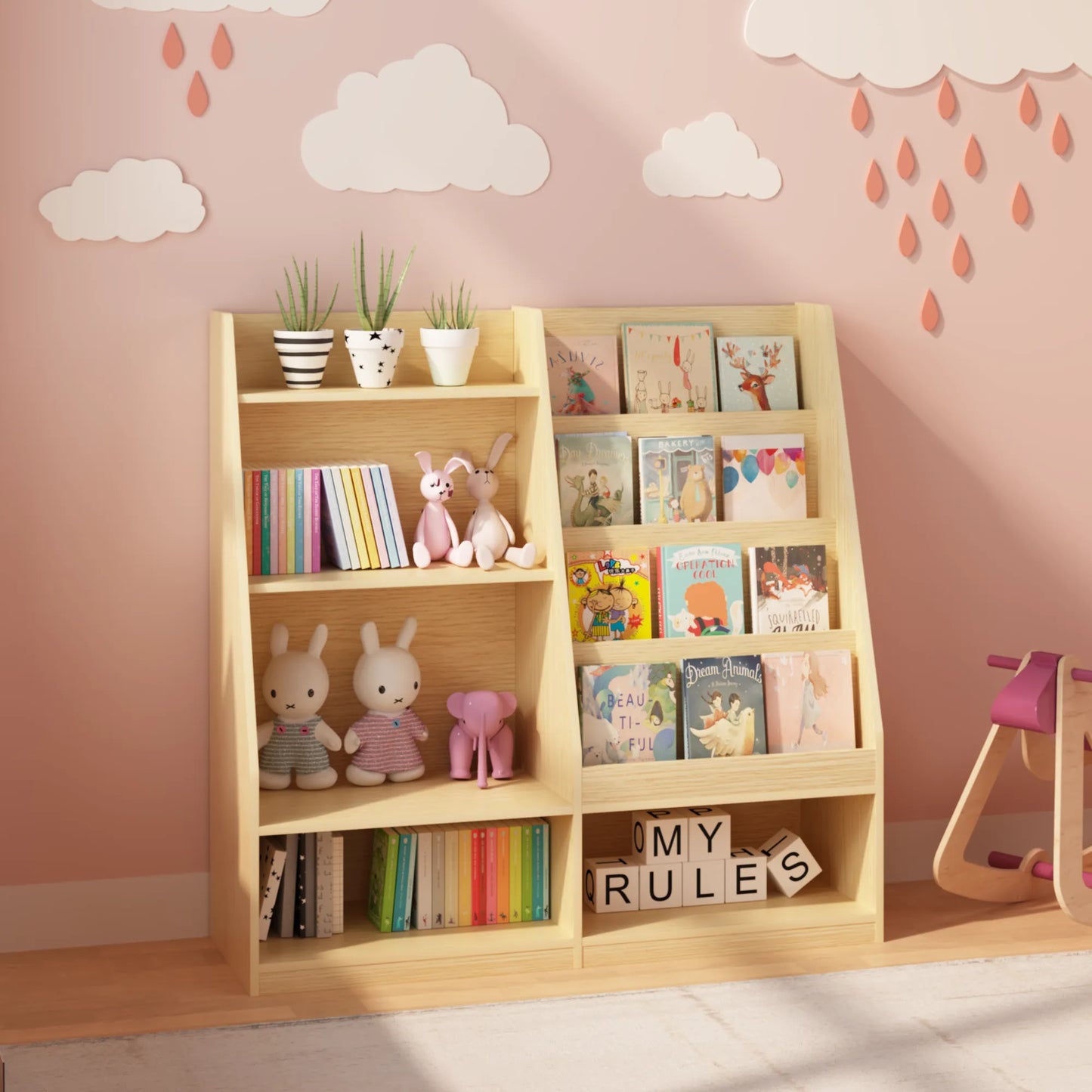 Kids Bookshelf and Toy Storage Organizer, Multifunctional 4 Tier Wooden Kids Book Shelf with Bookcase Display Stand in Kids Room Playroom Nursery for – view 9