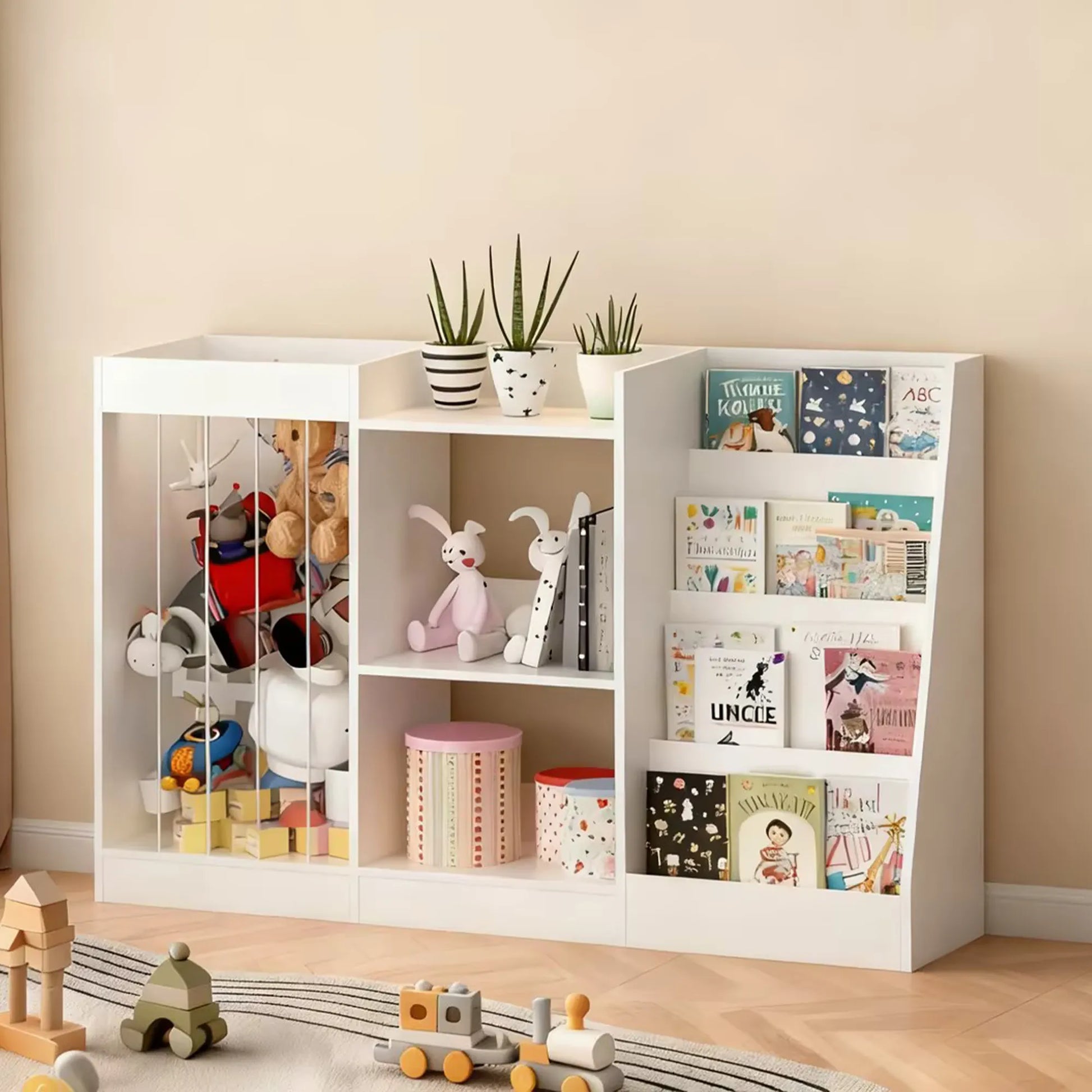 3-in-1 Kids Bookshelf and Toy Storage, 4-Tier Book Shelf for Kids Rooms, Sling Baby Bookcase with Stuffed Animal Storage, Toddler Montessori – view 9