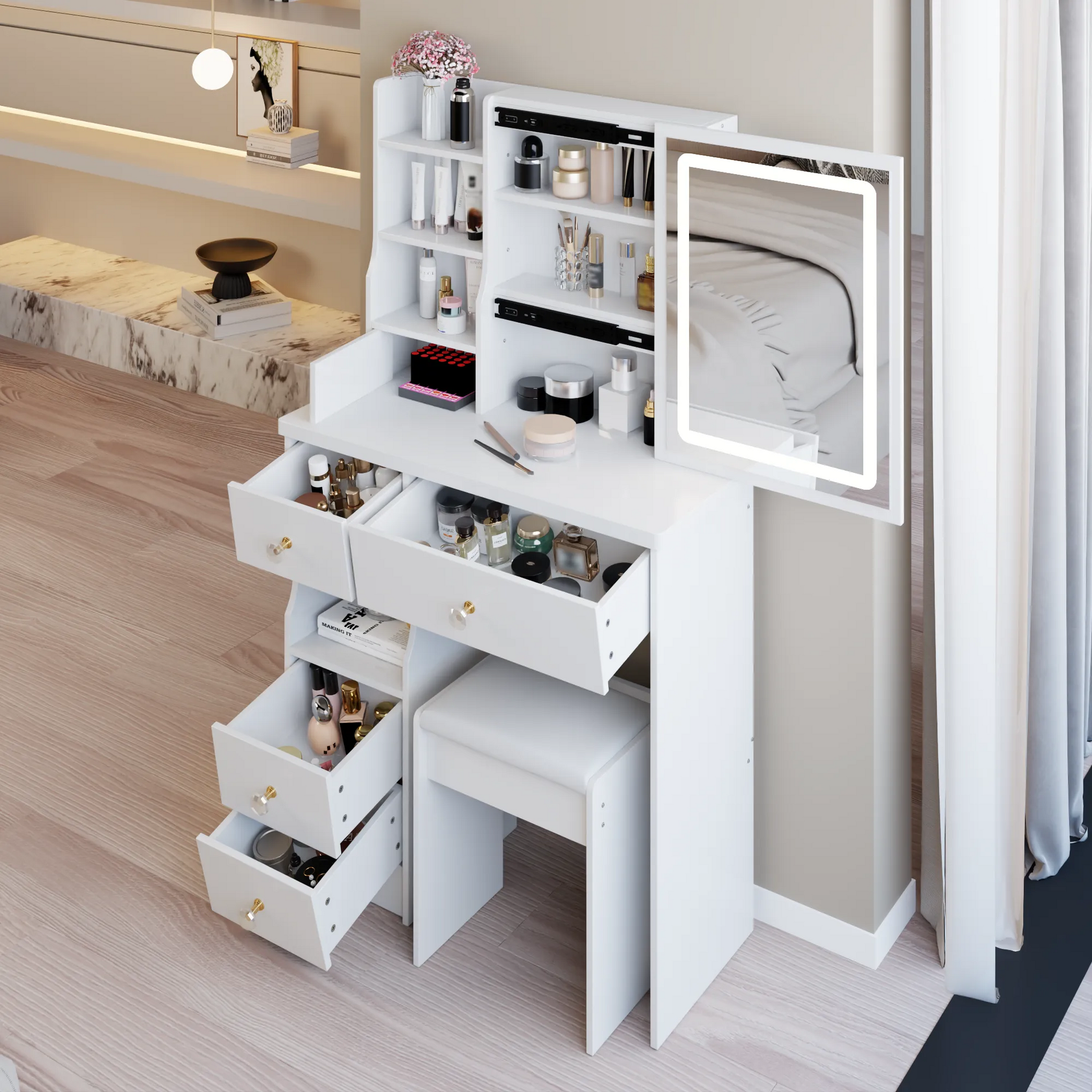29.2' Small Size Left Drawer Desktop Vanity Table + Cushioned Stool, Large Sliding, Touch Control, Tri-color Switching, Brightness Adjust LED Mirror – view 9