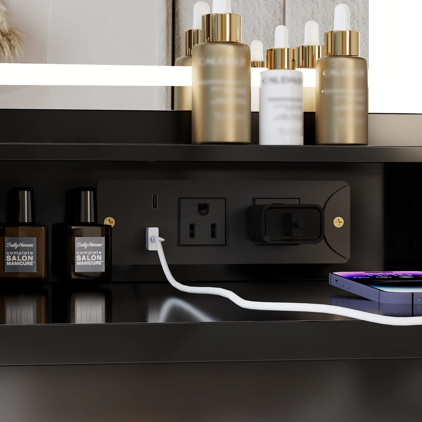 41' Large Size Left Drawer Desktop Vanity Table+Cushioned Stool Dresser Set, 2 AC+2 USB Power Station, Hair Dryer Stand, Extra Large Touch Control – view 9