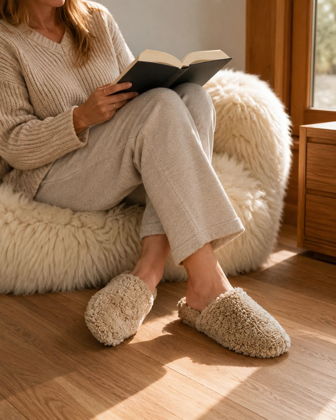 Adult woman reading at home in Warm Taupe genuine wool and leather slippers
