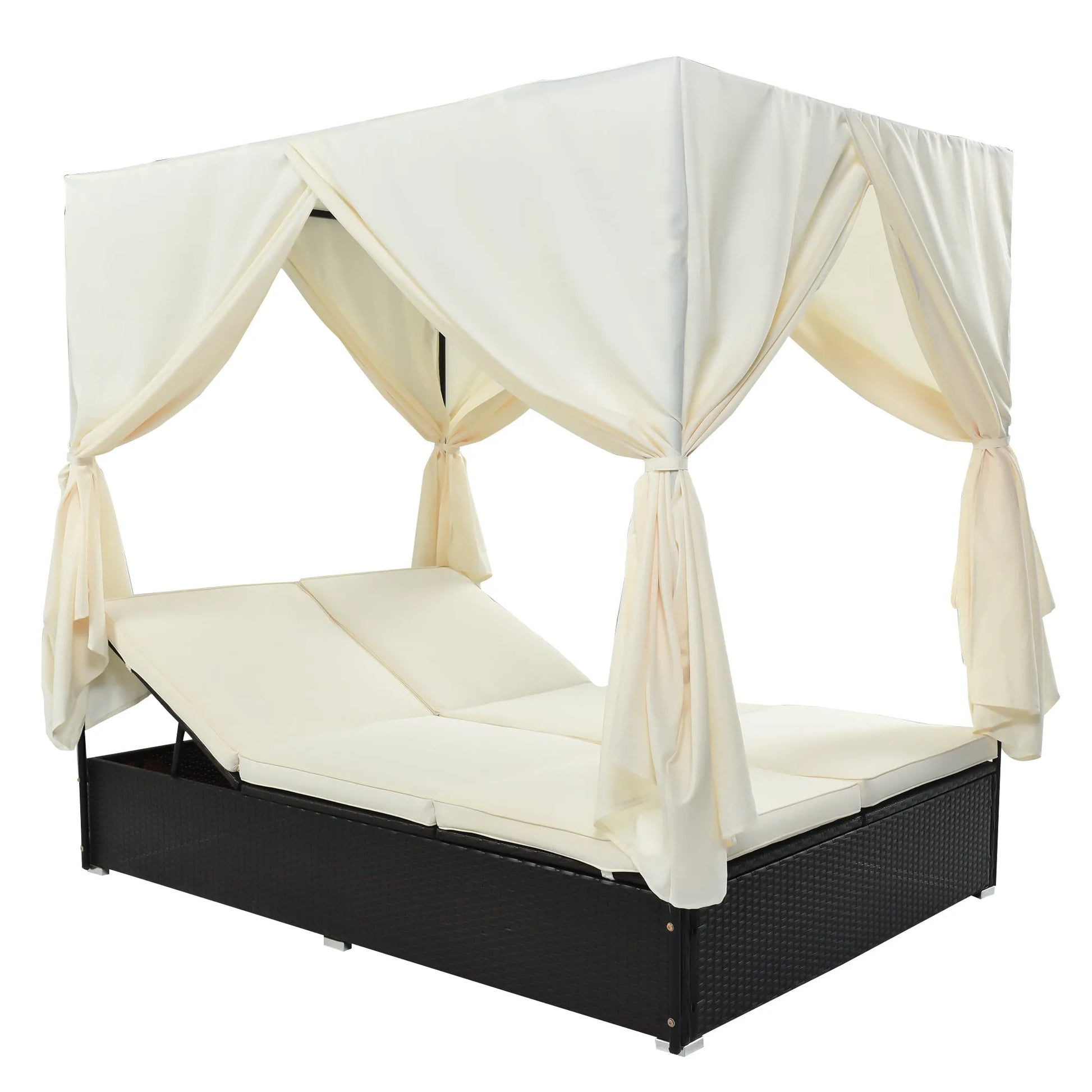 U_STYLE Outdoor Double Chaise Lounge Daybed with Curtains,Patio Outdoor Sunbed with Adjustable Backrest, Sturdy Steel Frame Loveseat Sofa for – view 9