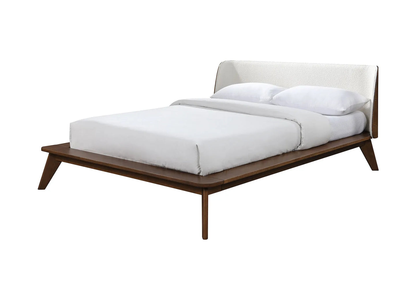 Gorgeous Walnut 3pc Bedroom Set Full Size Bed 2x Nightstands Beige Upholstered Fabric Winged Edge Panel HB Mid-Century Modern Style – view 10