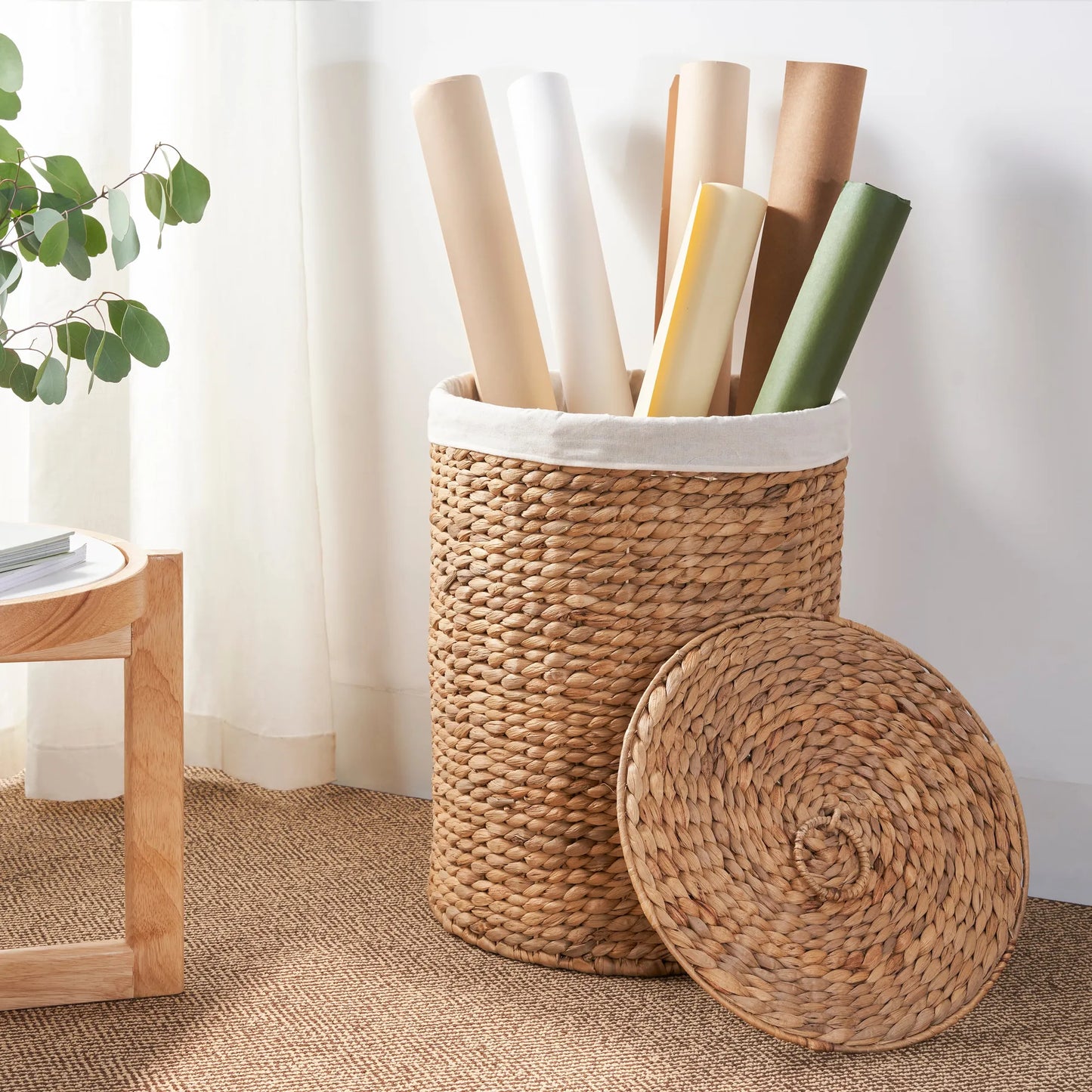 Round Tall Water Hyacinth Woven Wicker Laundry Hamper with Lid - For Clothes, Canvas, Toys and Book Storage with Removable Liner - 15' x 15' x 20'  – view 10