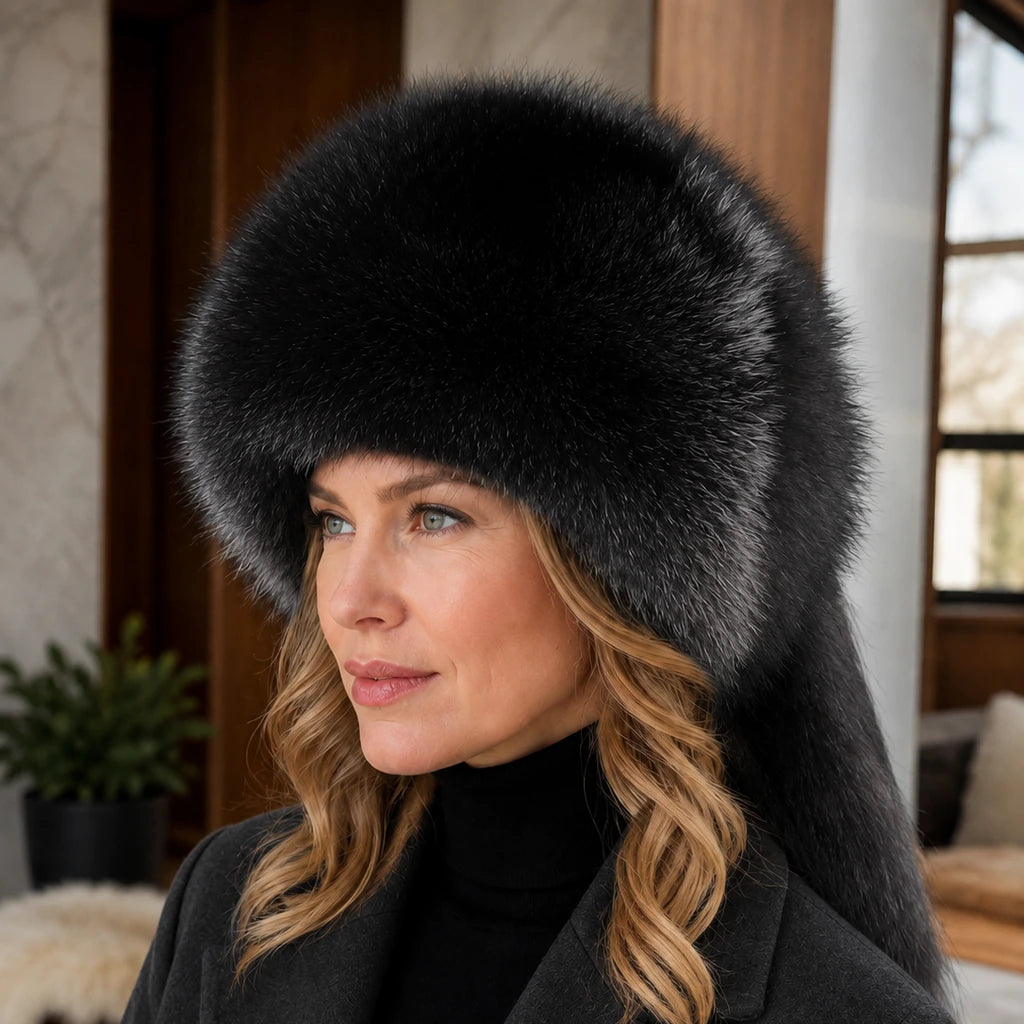 Black fur trapper hat styled with a dark winter coat