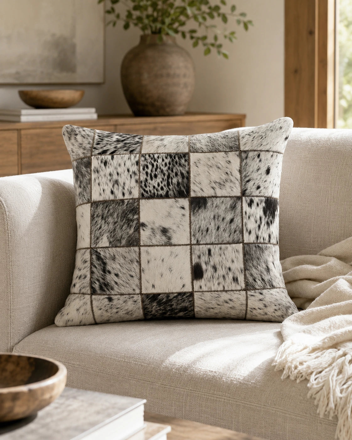 Black and ivory genuine cowhide patchwork pillow styled on a quiet neutral sofa