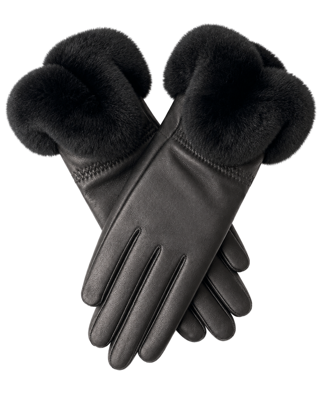Black women's sheepskin leather gloves with black Rex rabbit fur cuffs