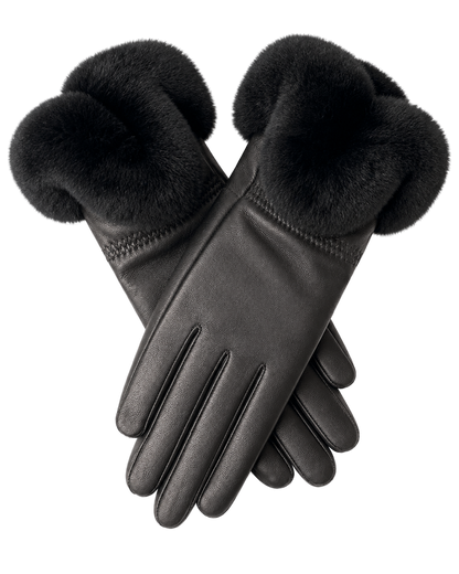 Black women's sheepskin leather gloves with black Rex rabbit fur cuffs