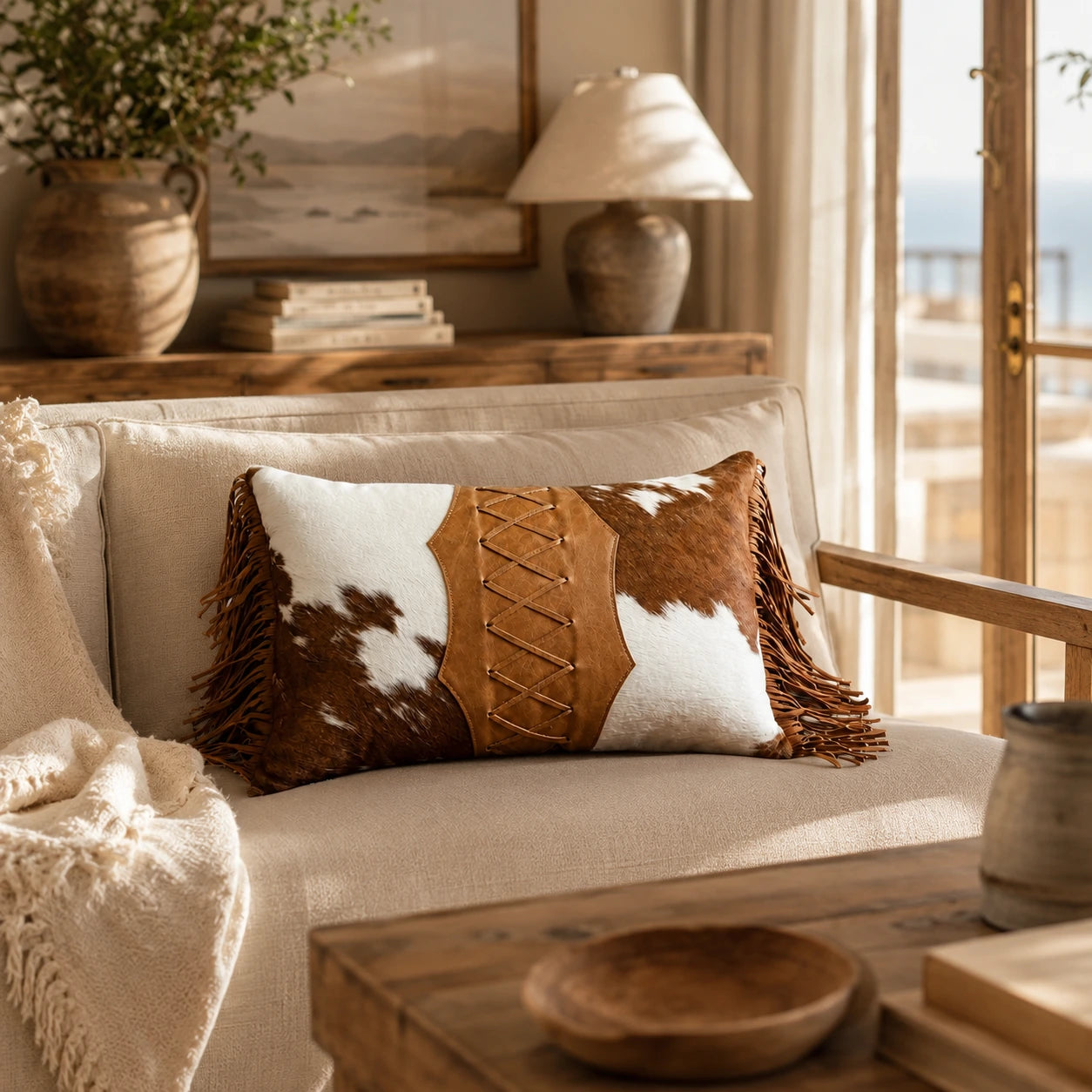 Brown and ivory laced cowhide lumbar pillow styled in a sunlit living room