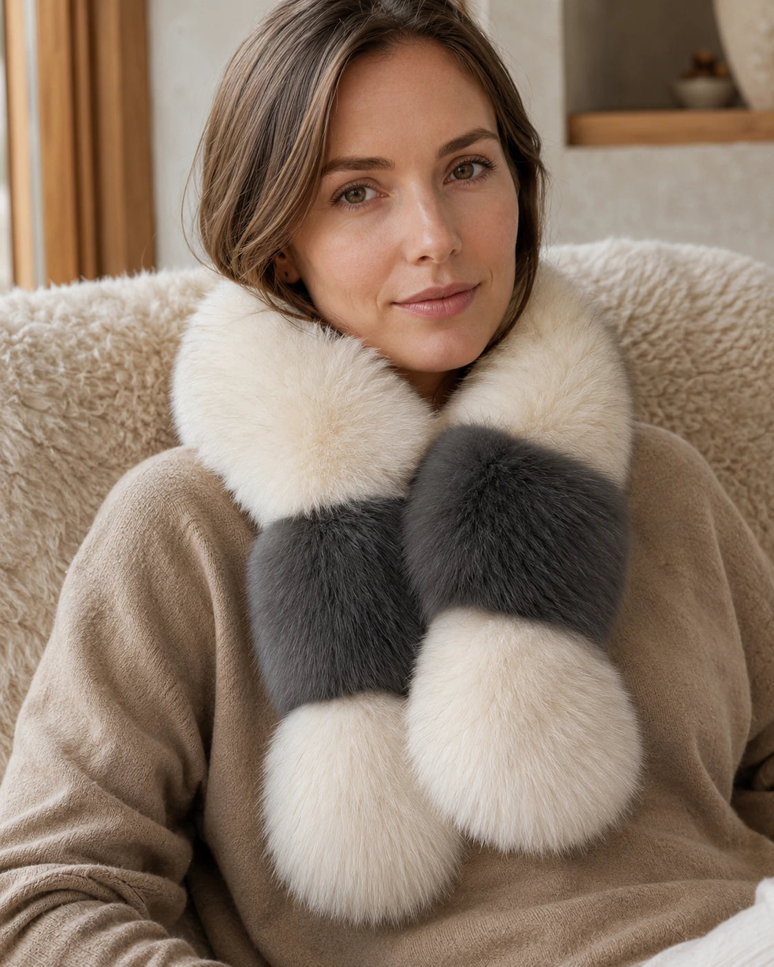 Close portrait of a woman wearing a charcoal and ivory genuine fur scarf with knitwear