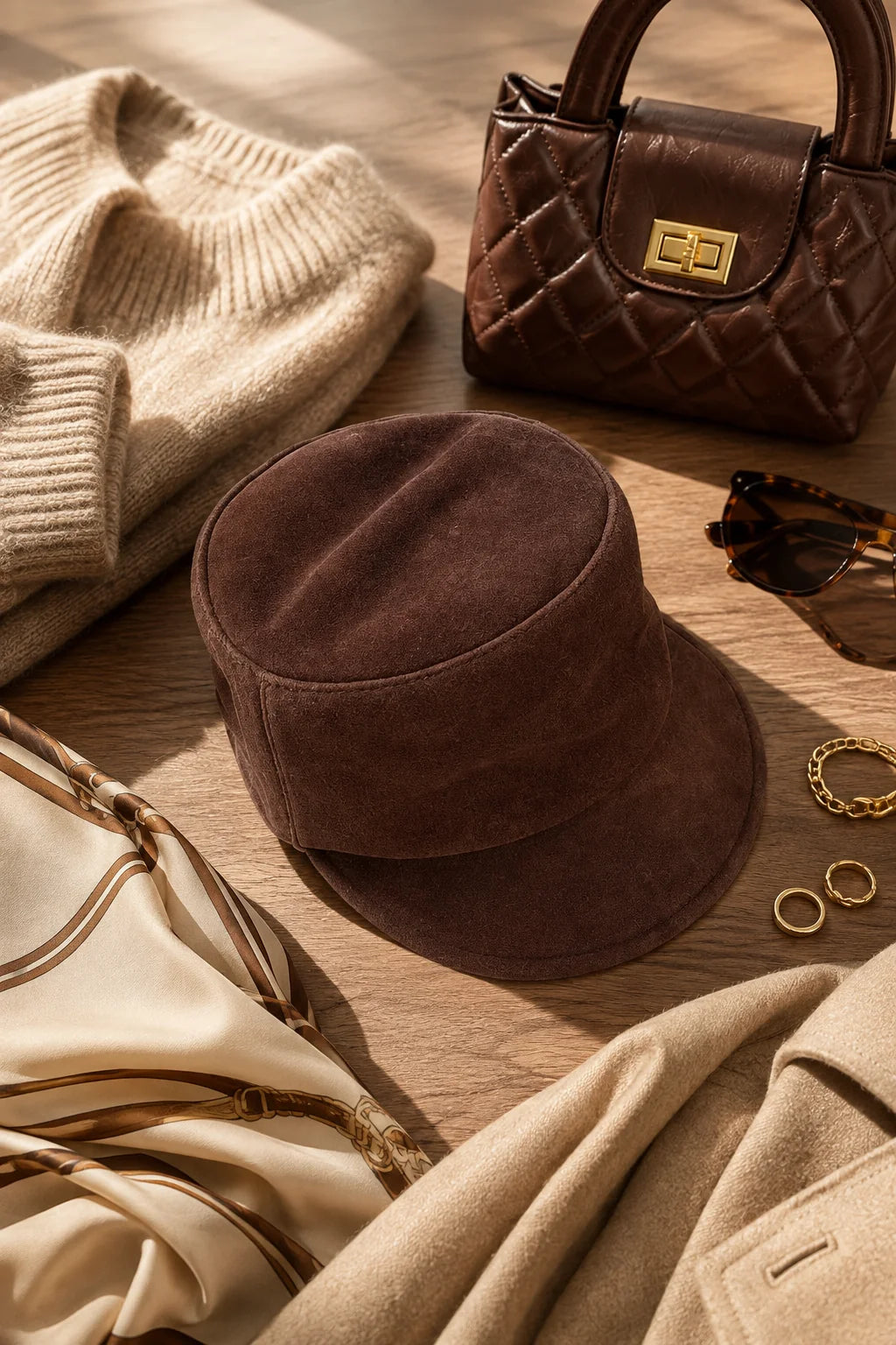 Chocolate brown suede equestrian cap arranged with a silk scarf and warm neutral layers