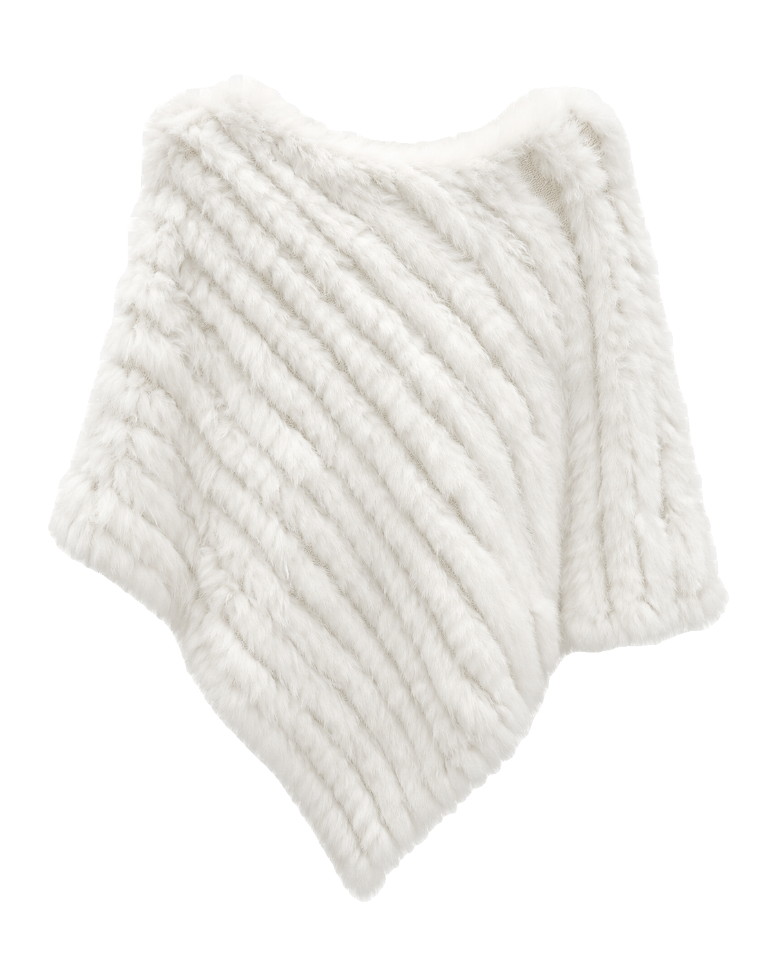 White handwoven genuine rabbit fur triangle poncho with classic knit collar on a transparent background