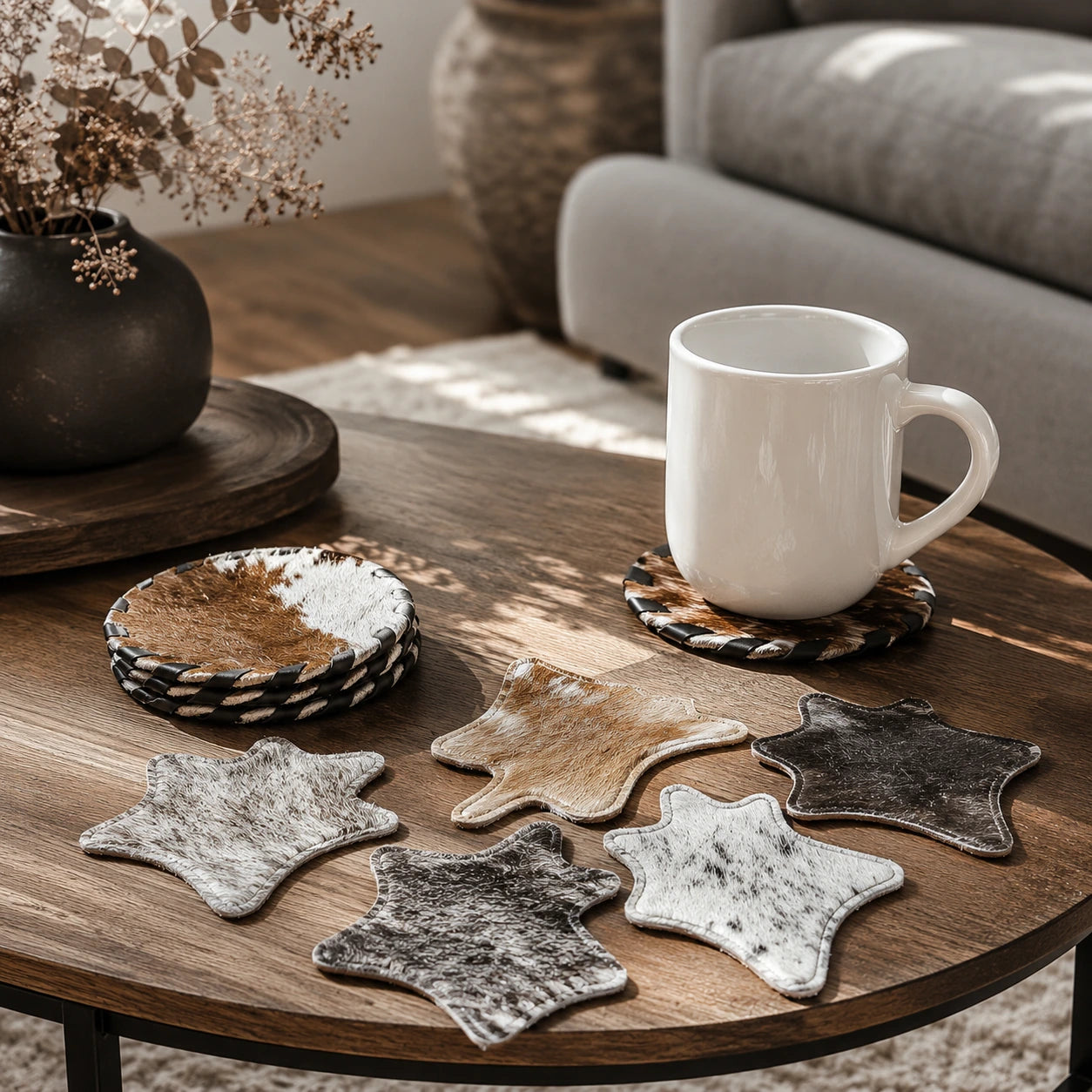 Round and hide-silhouette genuine cowhide coasters styled with mugs on a wood table