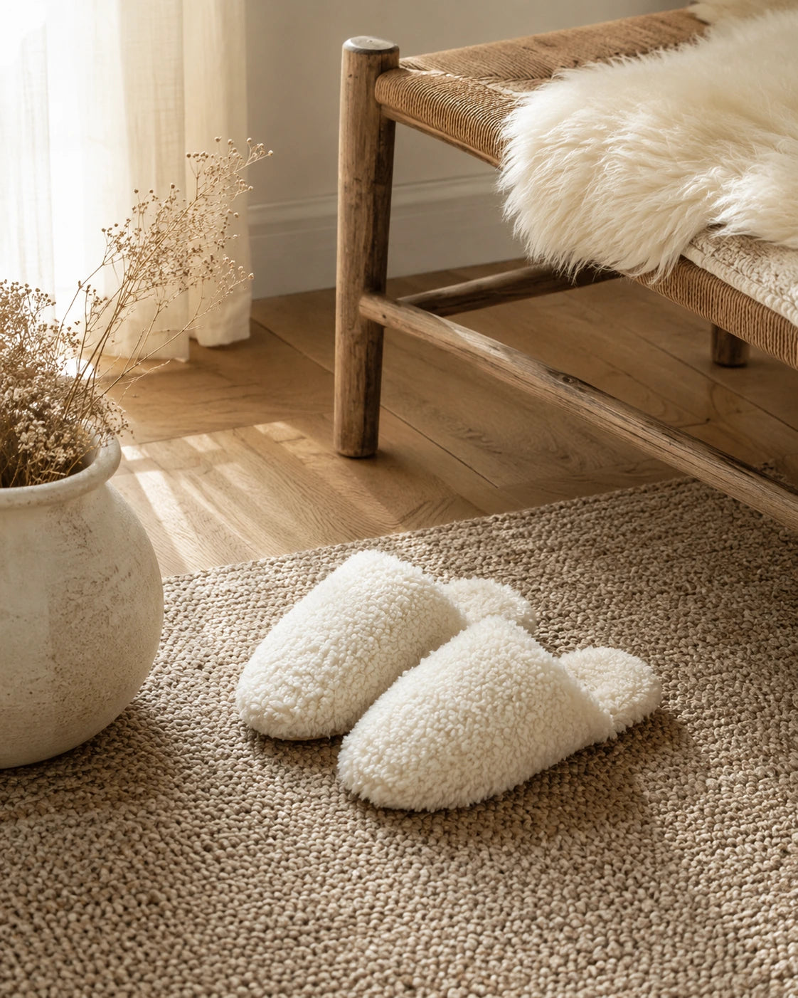 Ivory White genuine wool and leather slippers styled in a natural-texture home interior