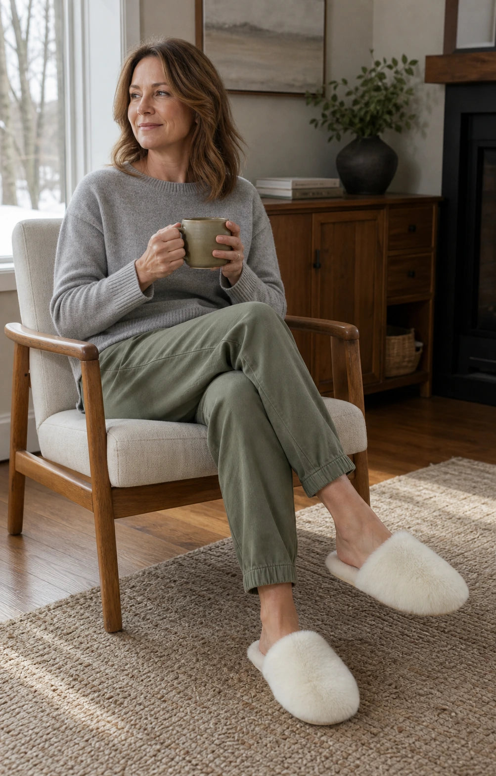Ivory White rabbit fur slippers worn by an adult woman in an American reading room