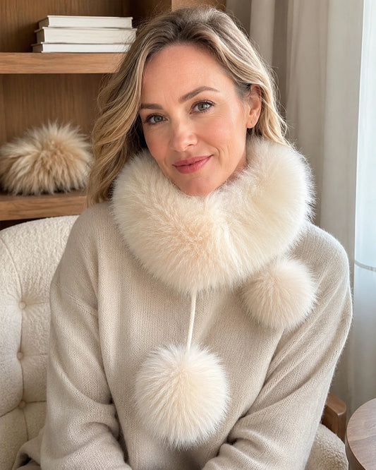 Woman wearing a Milky Ivory genuine fox fur loop scarf in a warm home interior