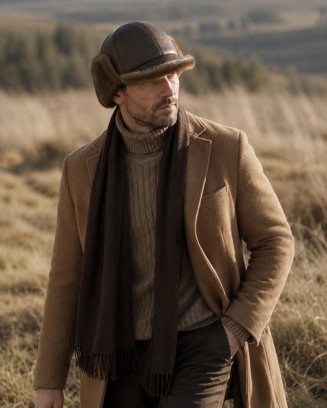 Man over 35 wearing the Mocha Brown leather-and-fur cap with a camel coat in a dry winter field
