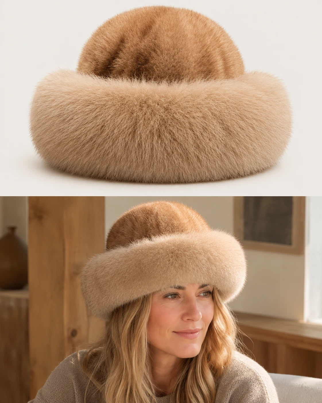 Dark Brown genuine fur bucket hat worn near a warm window setting