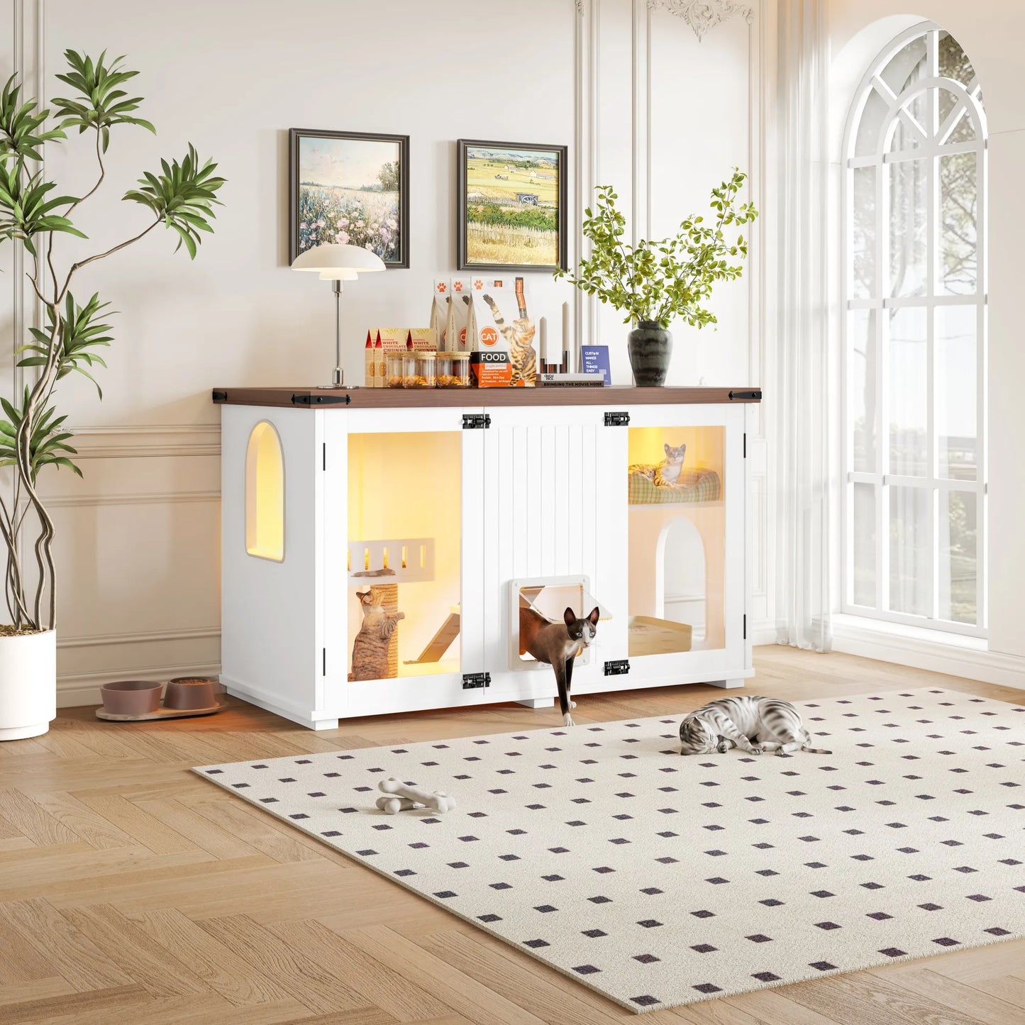 47.25' Large Cat Litter Box Enclosure with LED Light, Hidden Litter Box Furniture, Cat House with Stairs and Cat Scratching Post, Cat Cabinet Side – view 10